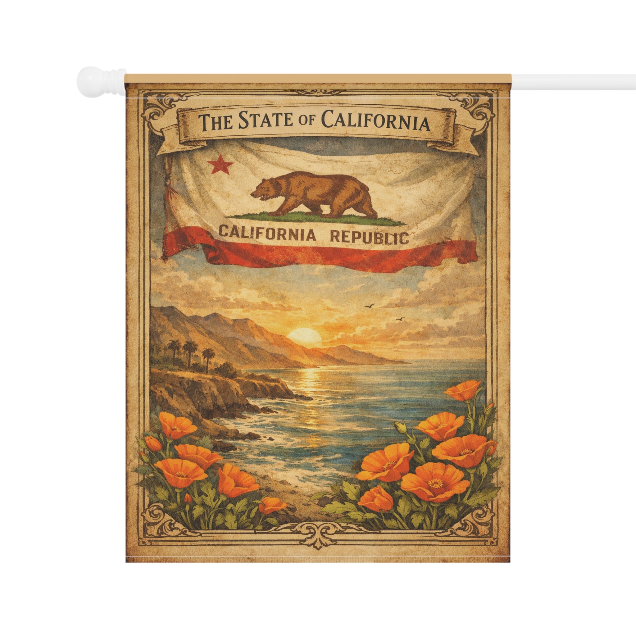 California Republic Sunset Poppy Garden Banner | California Flag Landscape Garden Banner