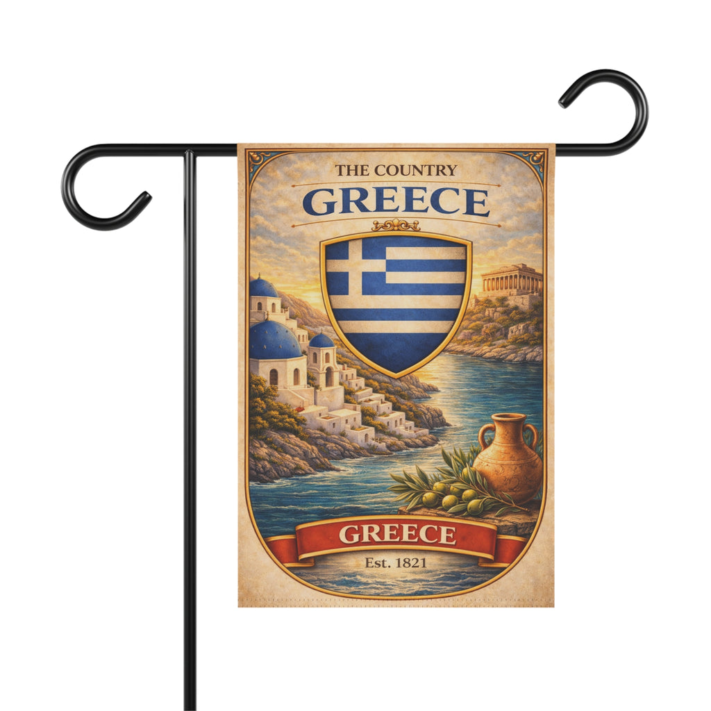 Greece Coastal Crest garden flag | Greece house banner, Mediterranean village design