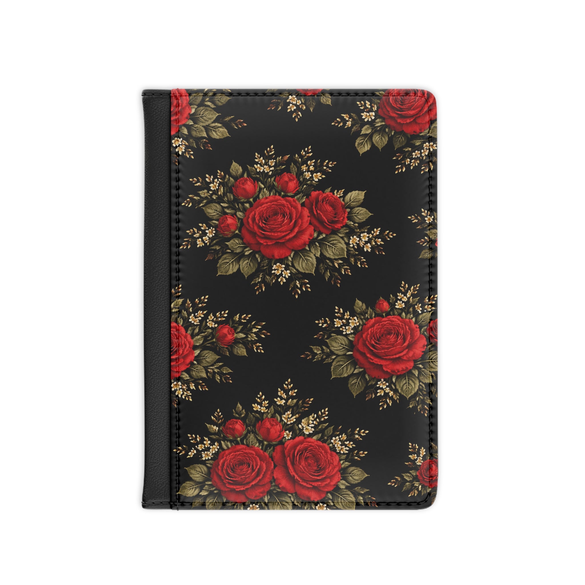 Red Rose Bouquet Passport Cover | Vintage Floral Pattern, Black Background