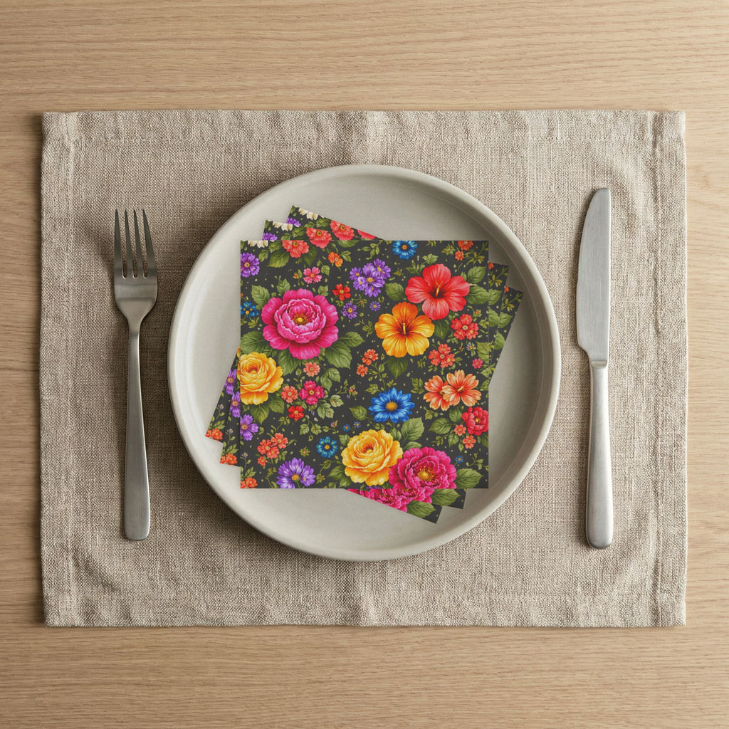 Vibrant Floral Pattern Napkins | Colorful Rose Hibiscus Cocktail Napkins