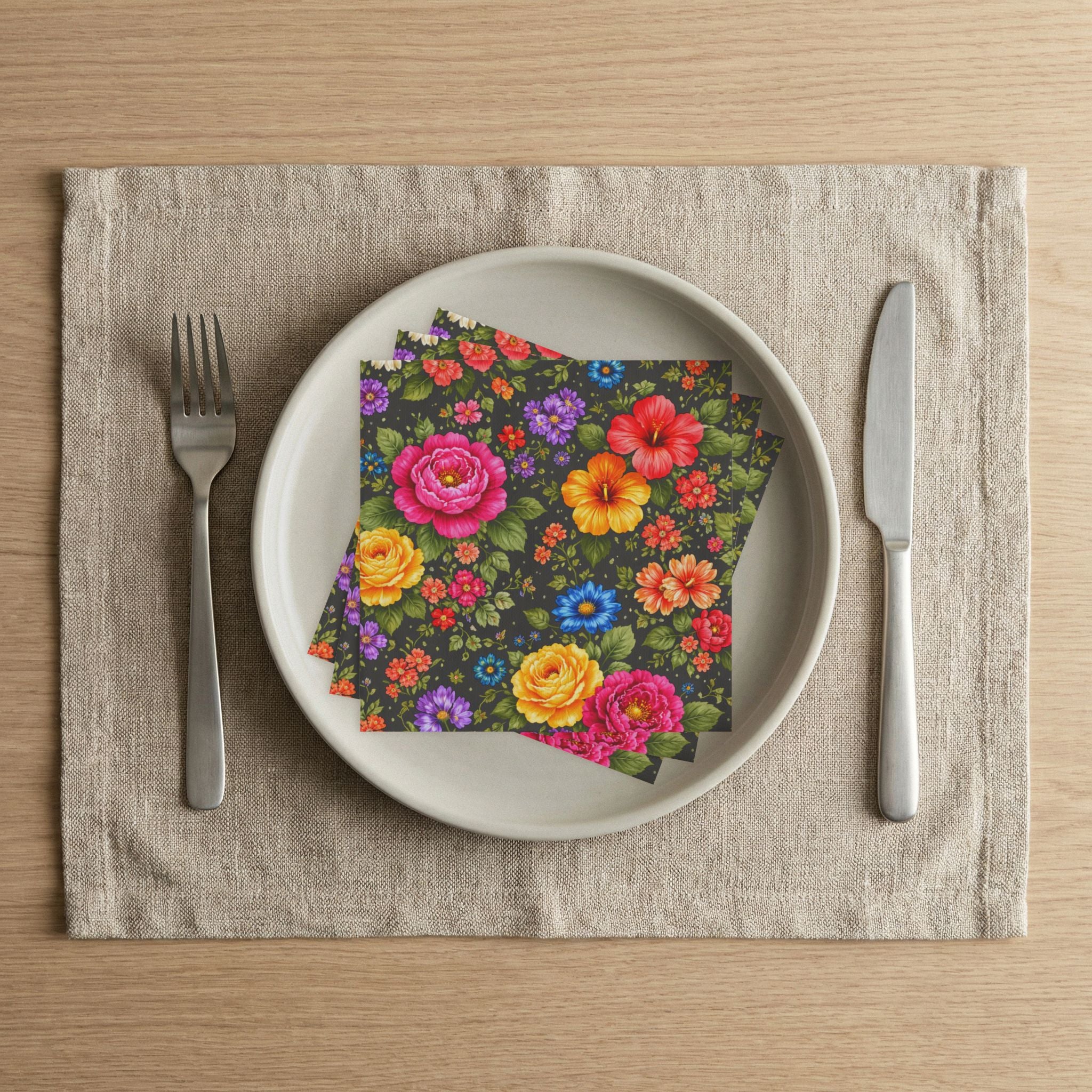 Vibrant Floral Pattern Napkins | Colorful Rose Hibiscus Cocktail Napkins