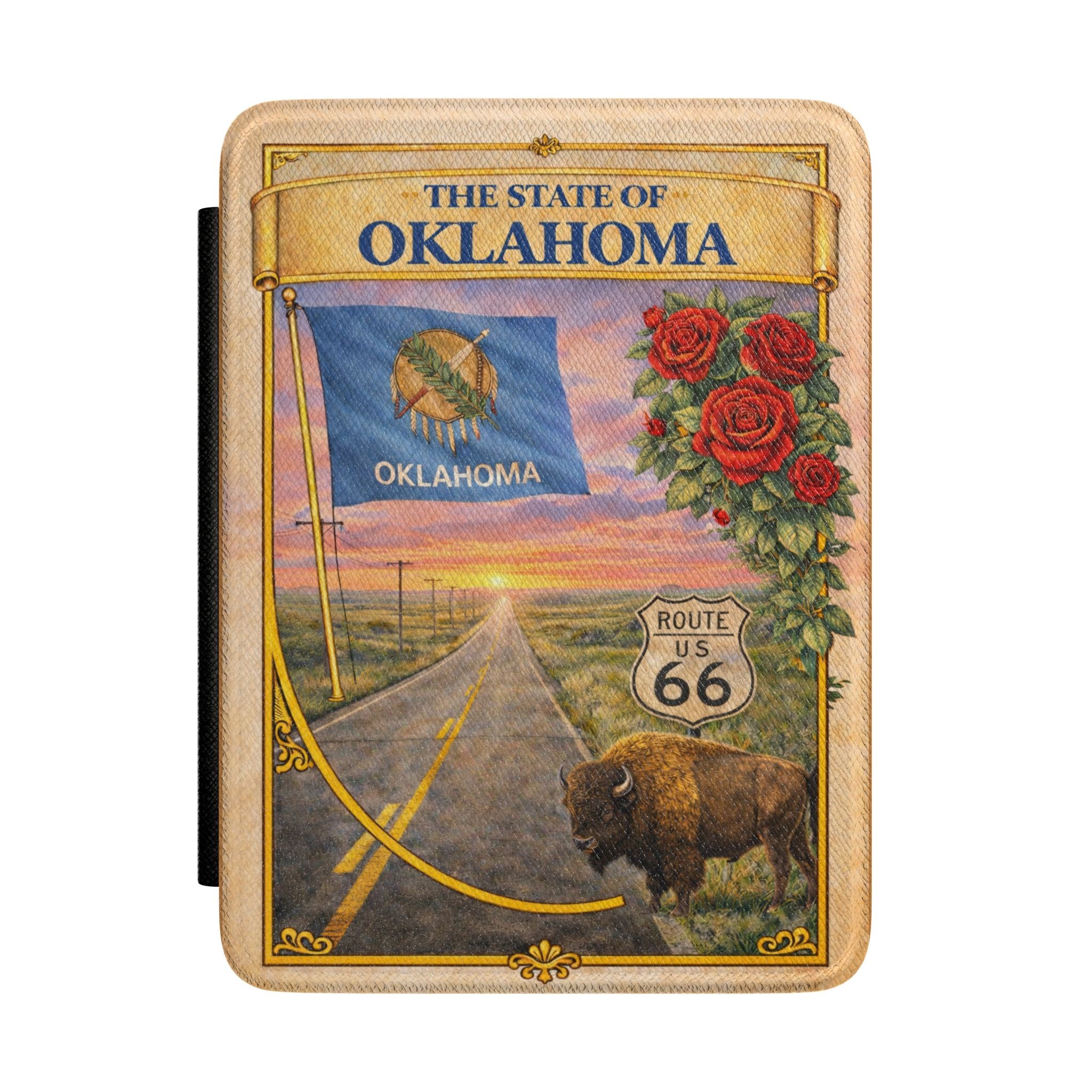 Oklahoma State Flag Route 66 Illustration Kindle Case | Buffalo, Roses