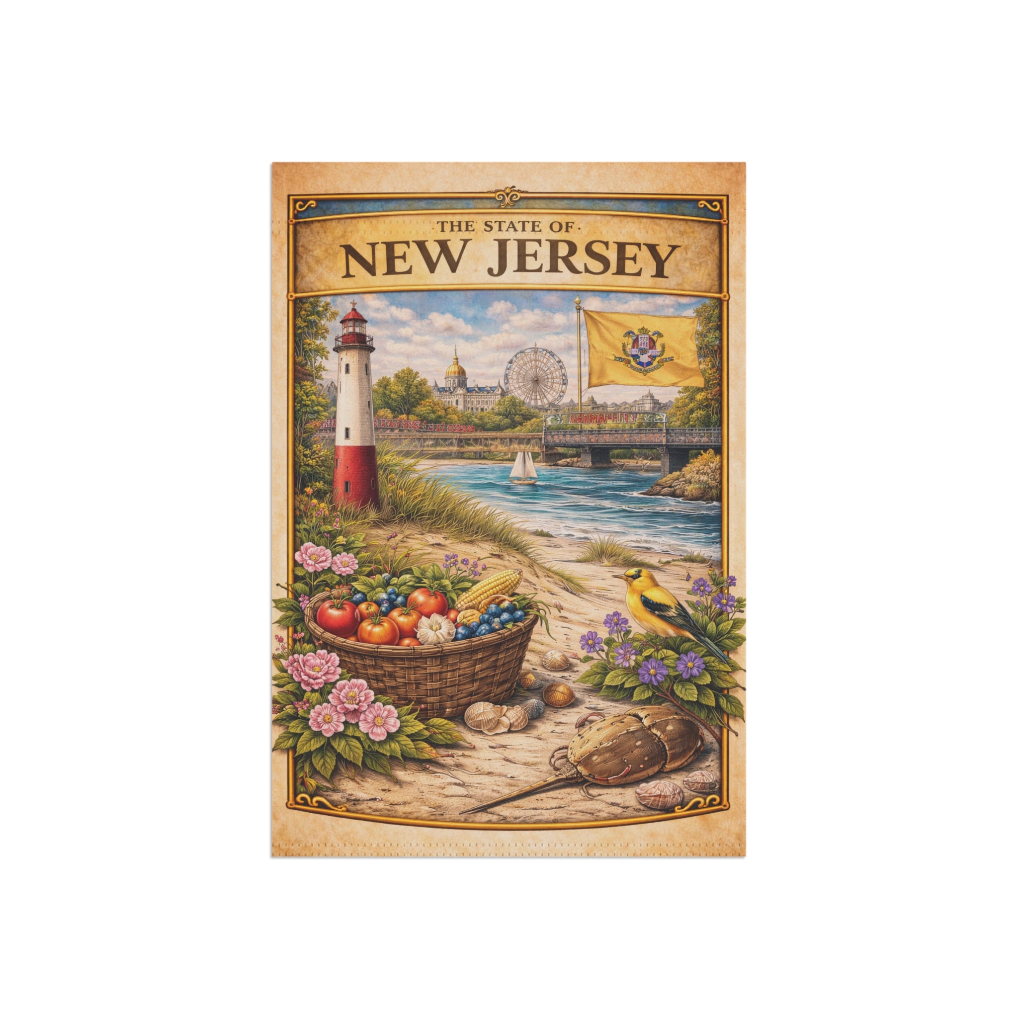 New Jersey Vintage Lighthouse Garden & House Banner | State Scene, Coastal Basket
