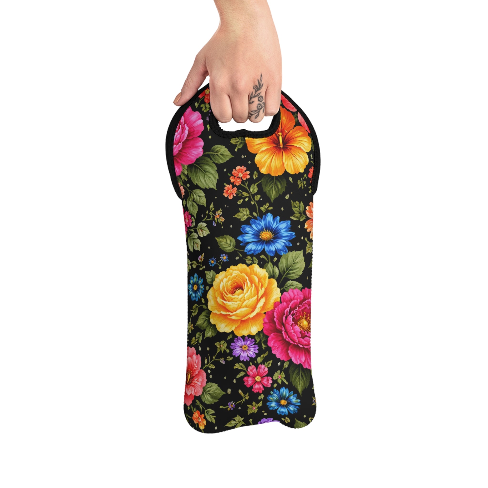 Vintage Floral Pattern Wine Tote | Colorful Roses on Black