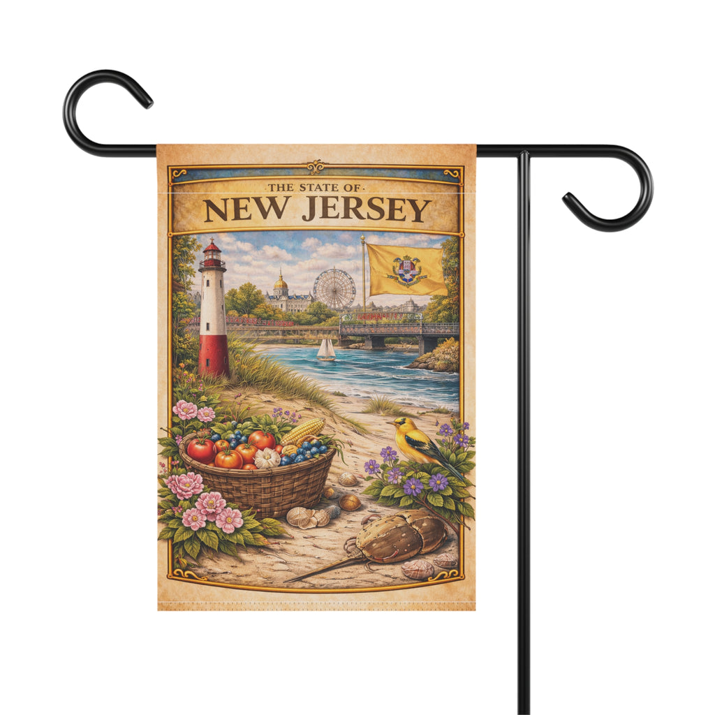 New Jersey Vintage Lighthouse Garden & House Banner | State Scene, Coastal Basket
