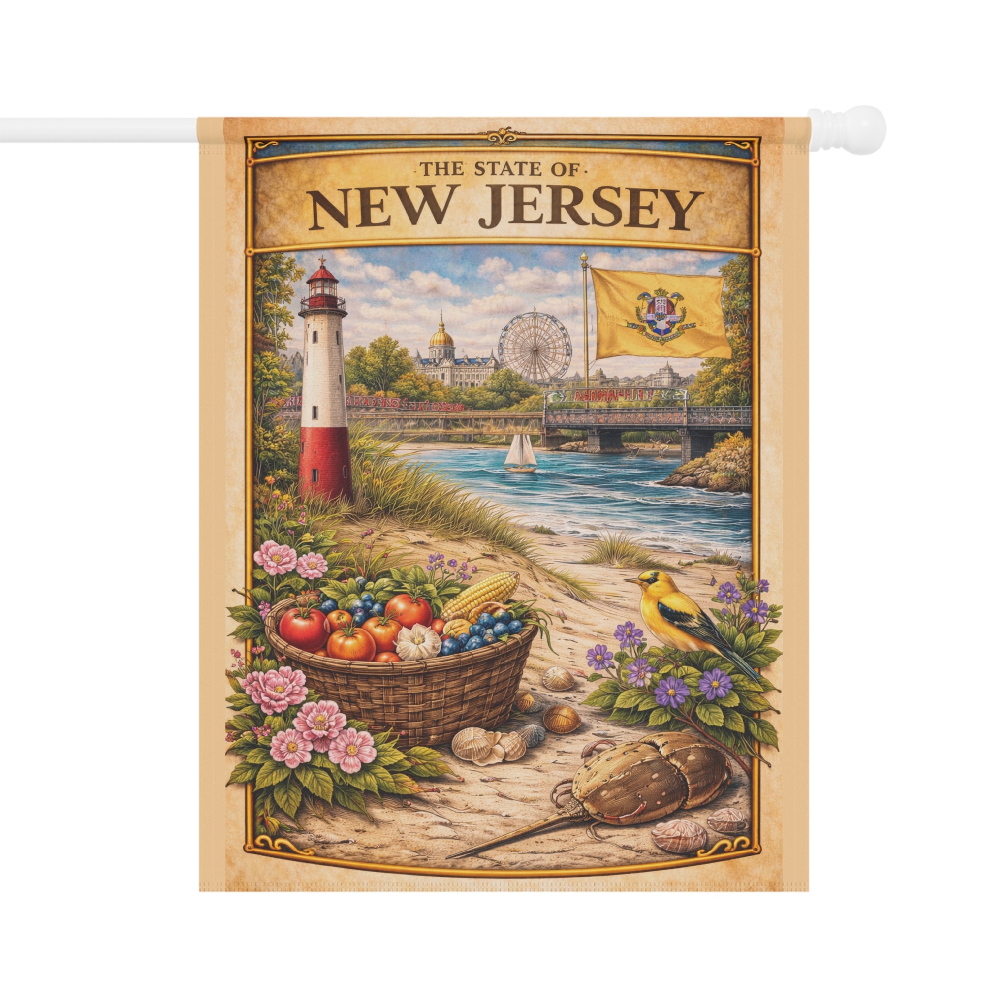 New Jersey Vintage Lighthouse Garden & House Banner | State Scene, Coastal Basket