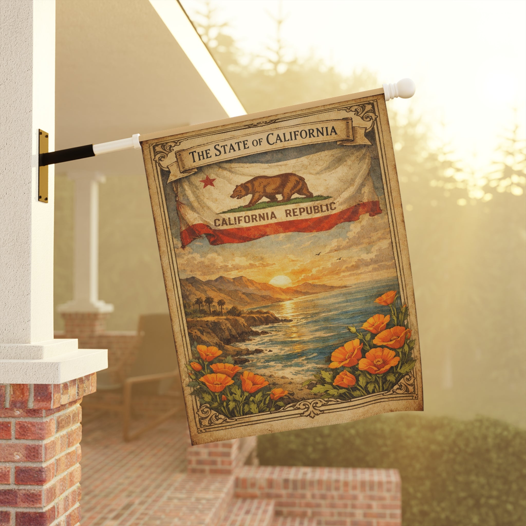 California Republic Sunset Poppy Garden Banner | California Flag Landscape Garden Banner