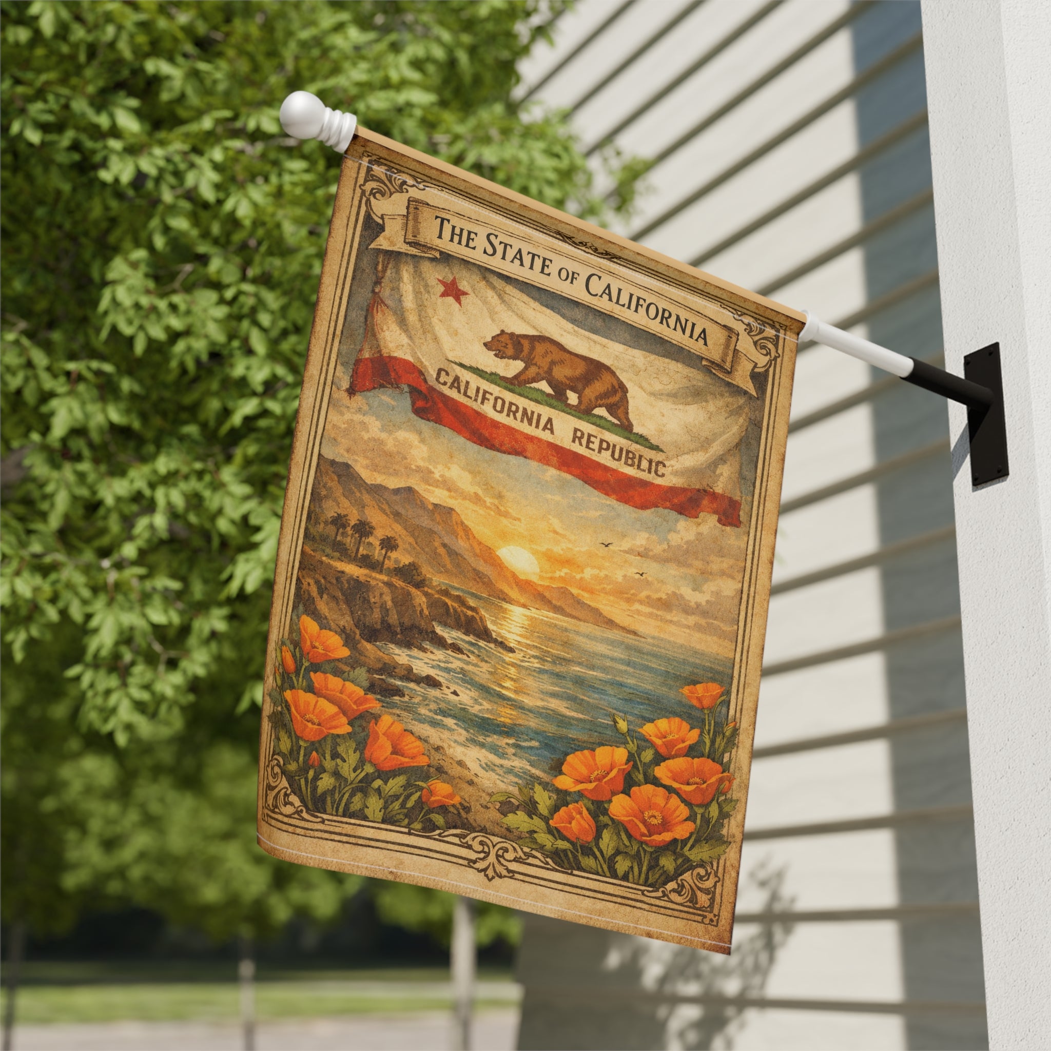 California Republic Sunset Poppy Garden Banner | California Flag Landscape Garden Banner