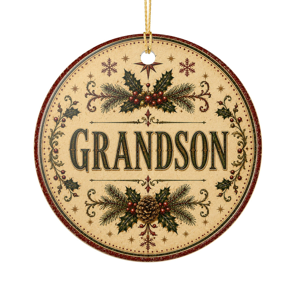 Grandson Christmas Ornament round ceramic ornament | vintage holly pinecone design