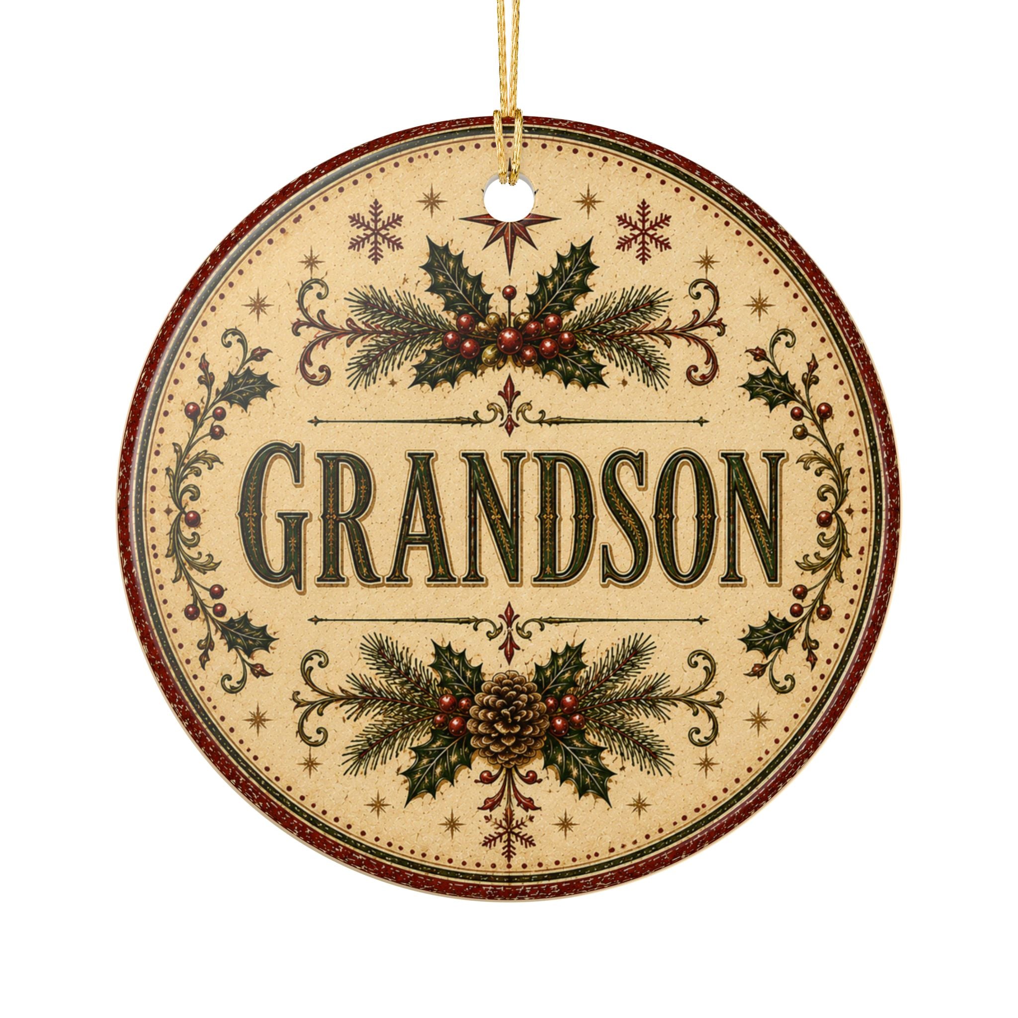 Grandson Christmas Ornament round ceramic ornament | vintage holly pinecone design