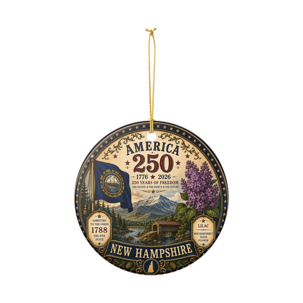 America 250 New Hampshire Ceramic Ornament | State Flag Lilac 1776-2026