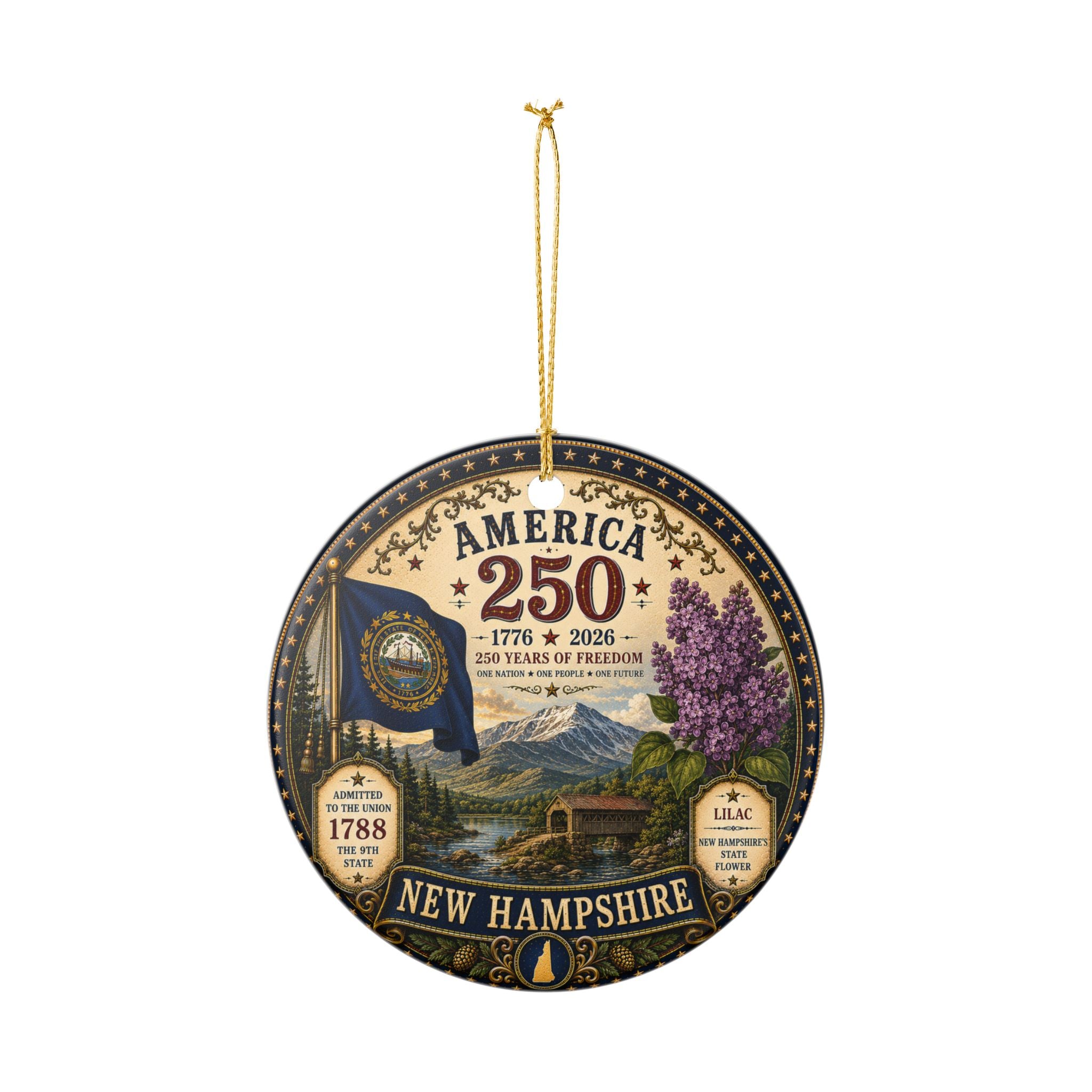 America 250 New Hampshire Ceramic Ornament | State Flag Lilac 1776-2026