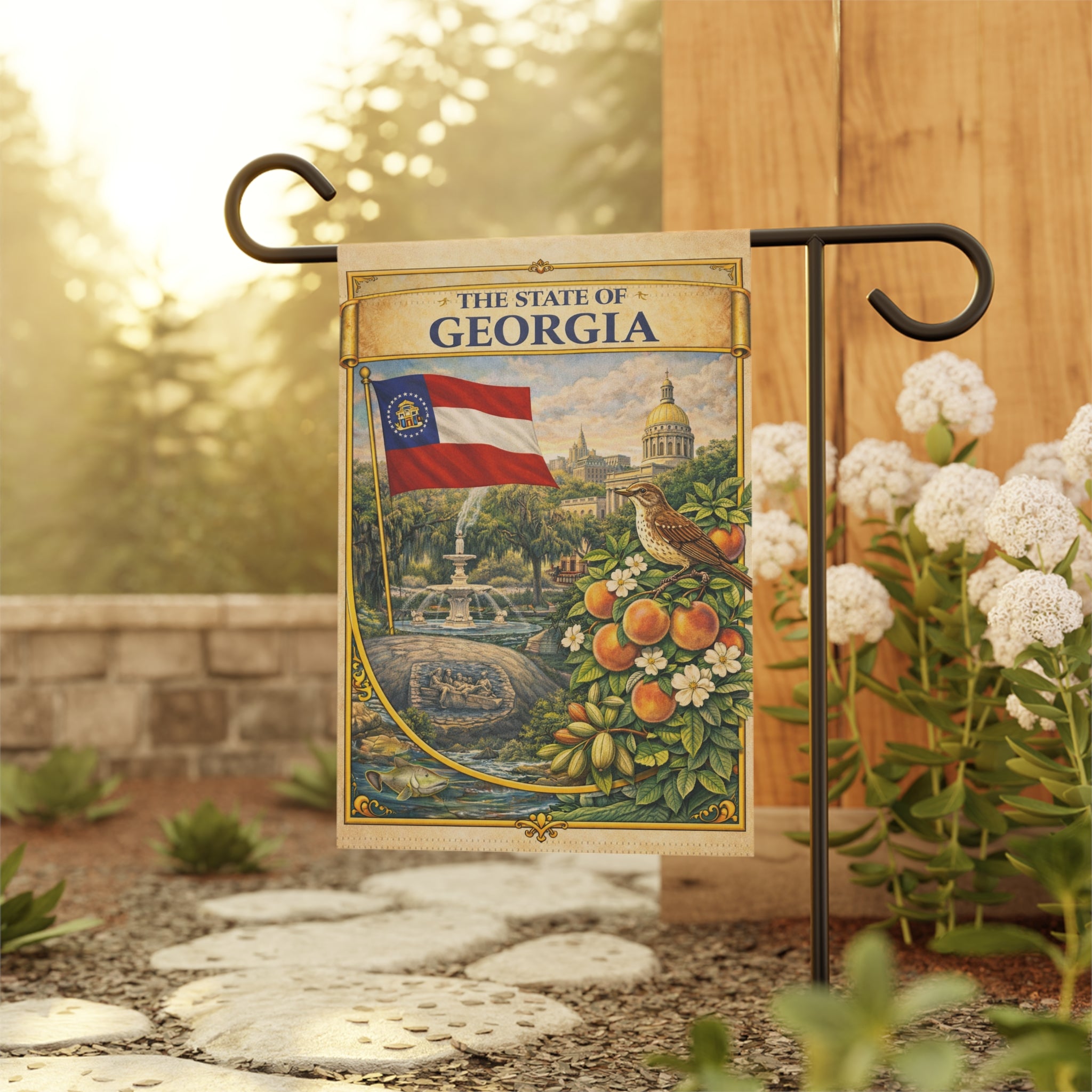 The State of Georgia Vintage Flag Garden & House Banner | Peach, Capitol, Mockingbird