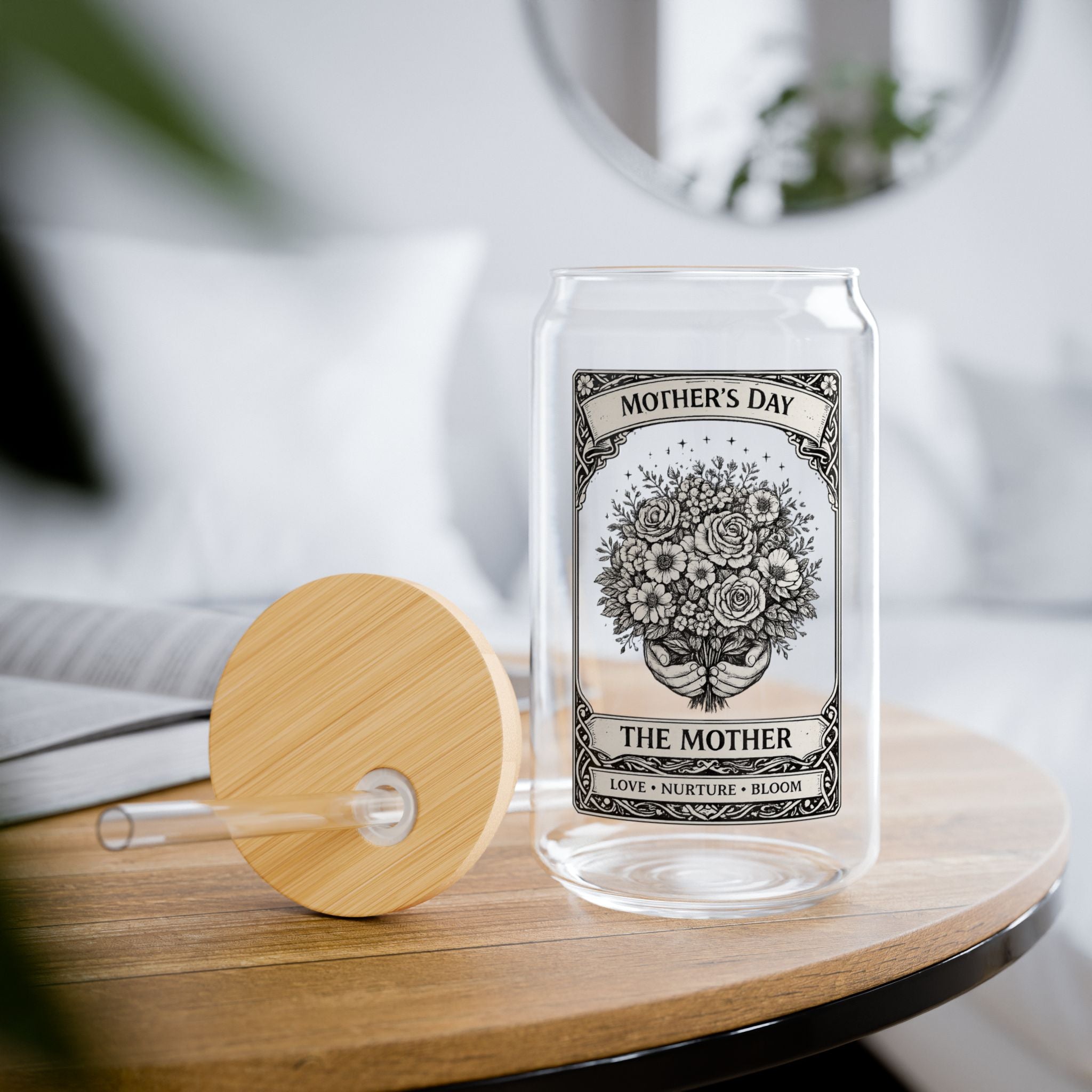 Mother's Day Floral Bouquet Sipper Glass 16oz | Vintage Black & White Label
