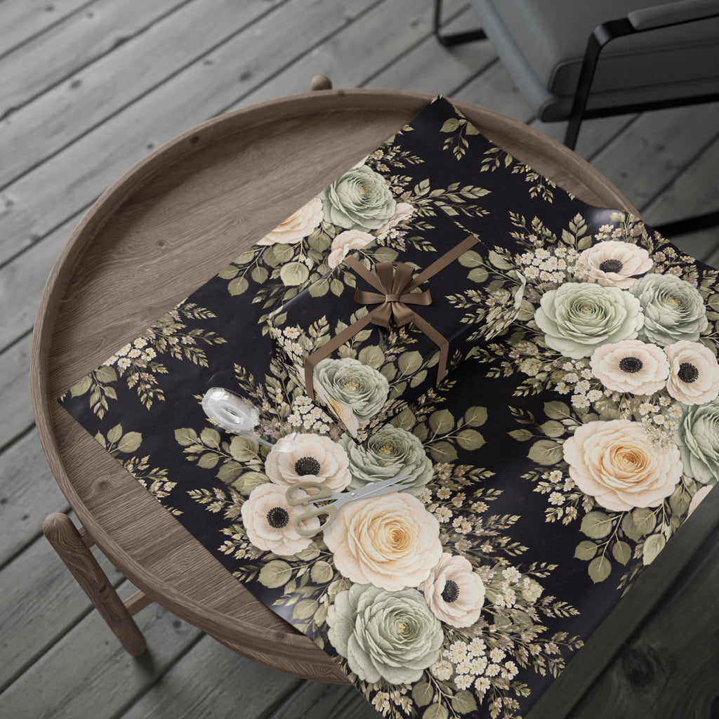 Vintage Cream Roses Wrapping Paper | Floral Gift Wrap, Black Background