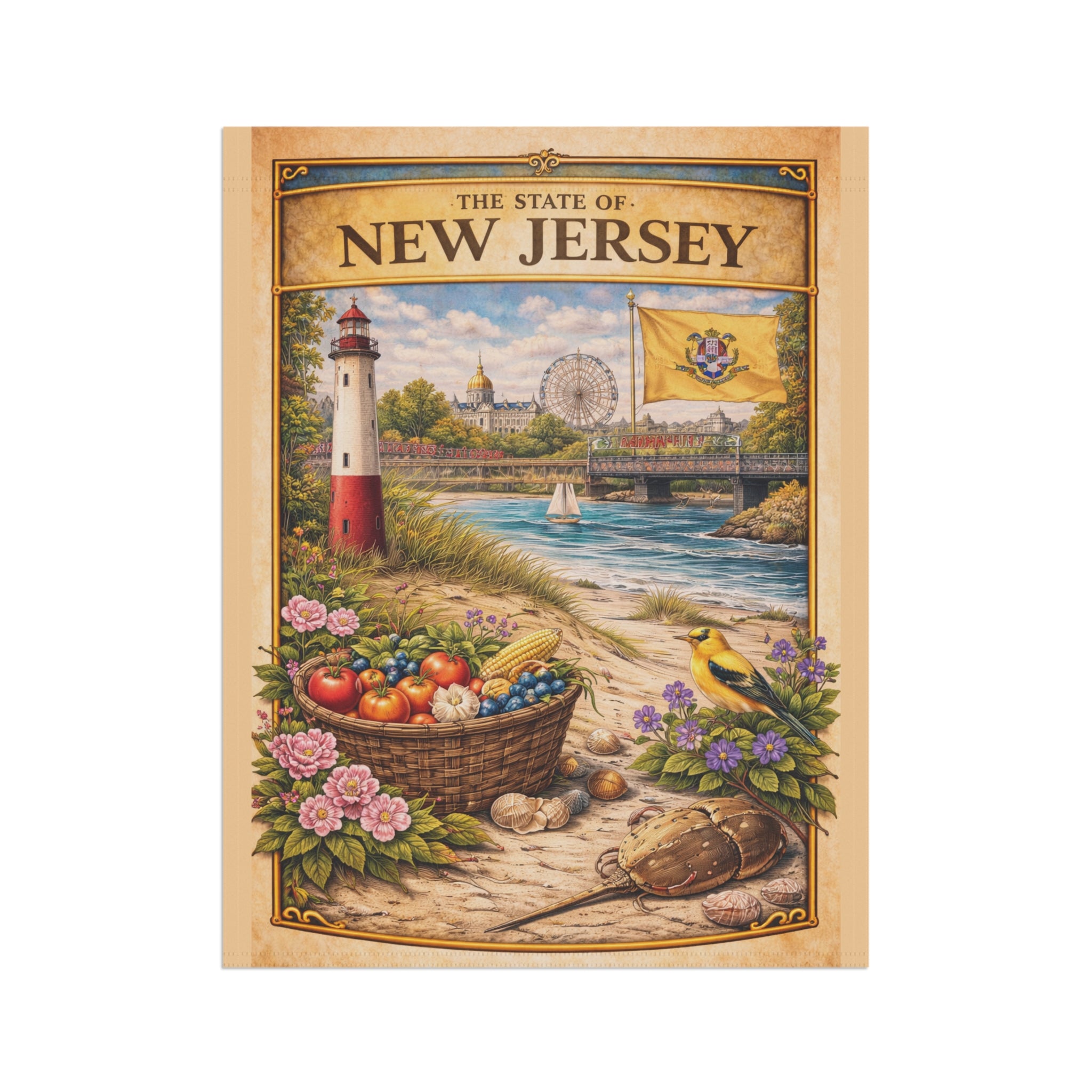 New Jersey Vintage Lighthouse Garden & House Banner | State Scene, Coastal Basket