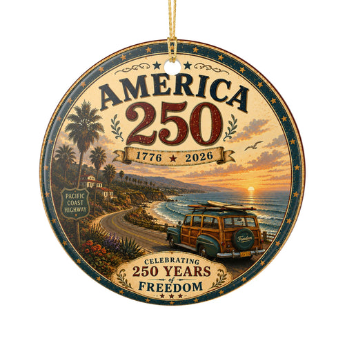 America 250 Round Ceramic Ornament | 1776-2026 Patriotic Anniversary Decoration