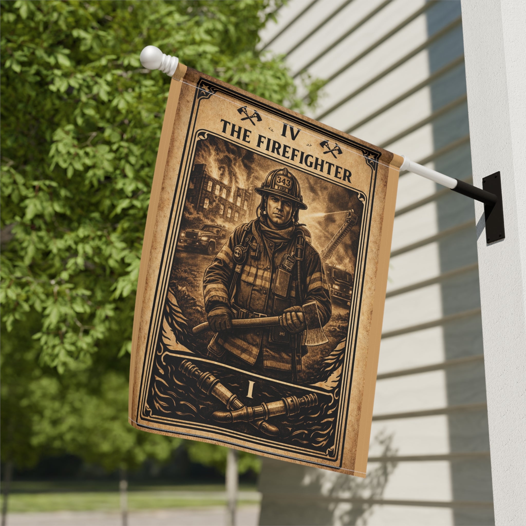The Firefighter illustration Garden Flag | Garden Banner, Outdoor Decor