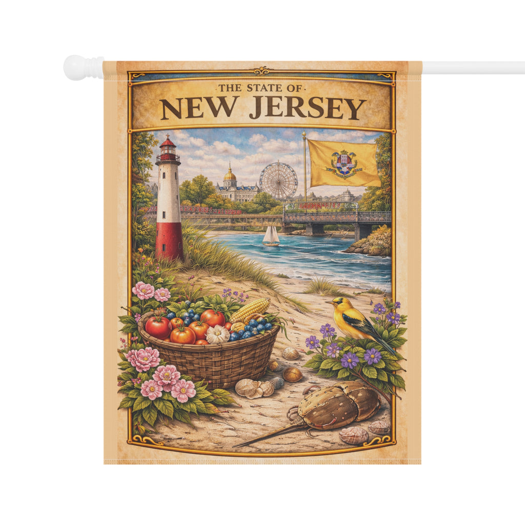New Jersey Vintage Lighthouse Garden & House Banner | State Scene, Coastal Basket