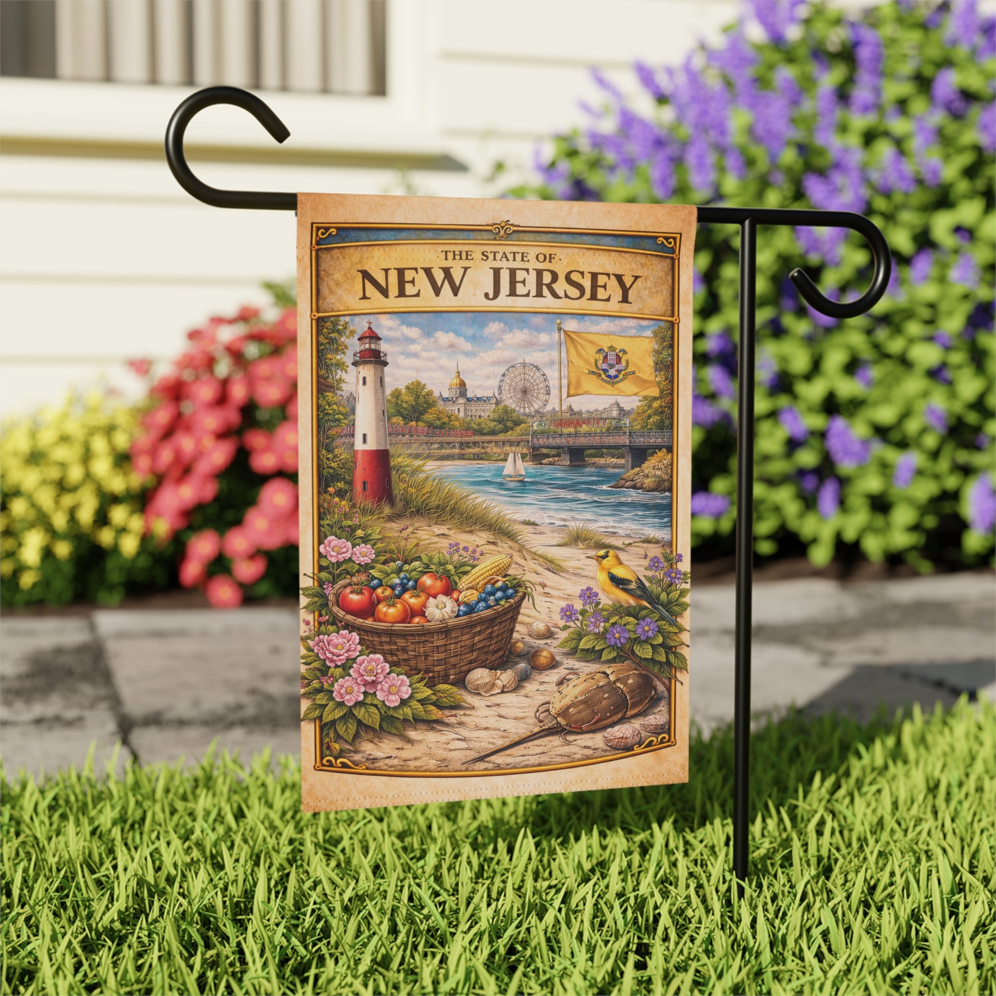 New Jersey Vintage Lighthouse Garden & House Banner | State Scene, Coastal Basket