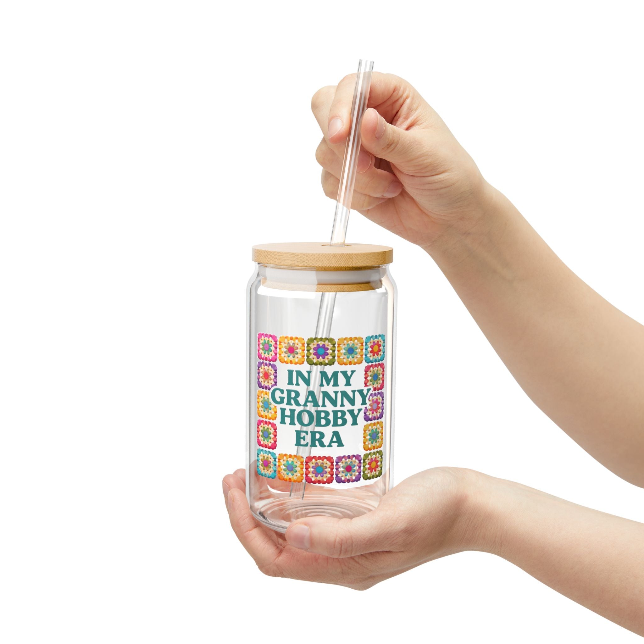 In My Granny Hobby Era Sipper Glass | 16oz Crochet Granny Square Design