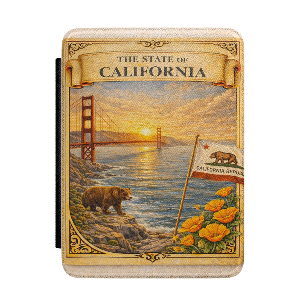 California Vintage Sunset with Golden Gate Bridge Kindle Case | State Flag, Bear & Poppies