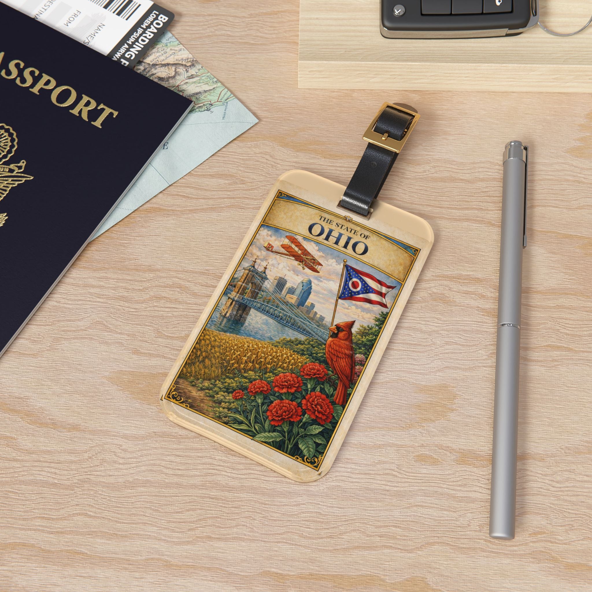 Ohio State Vintage Travel Luggage Tag | Cardinal, Skyline, State Flag