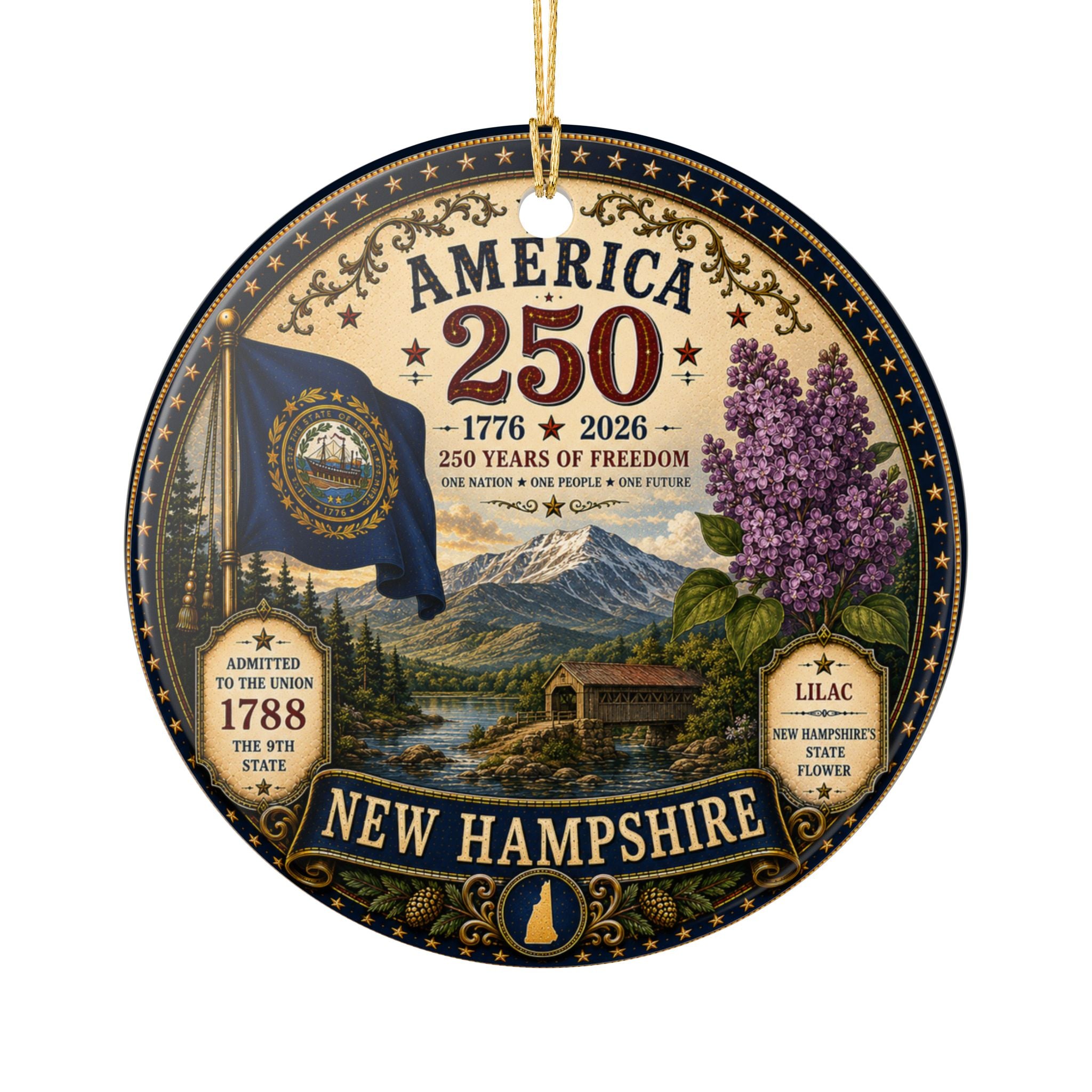 America 250 New Hampshire Ceramic Ornament | State Flag Lilac 1776-2026
