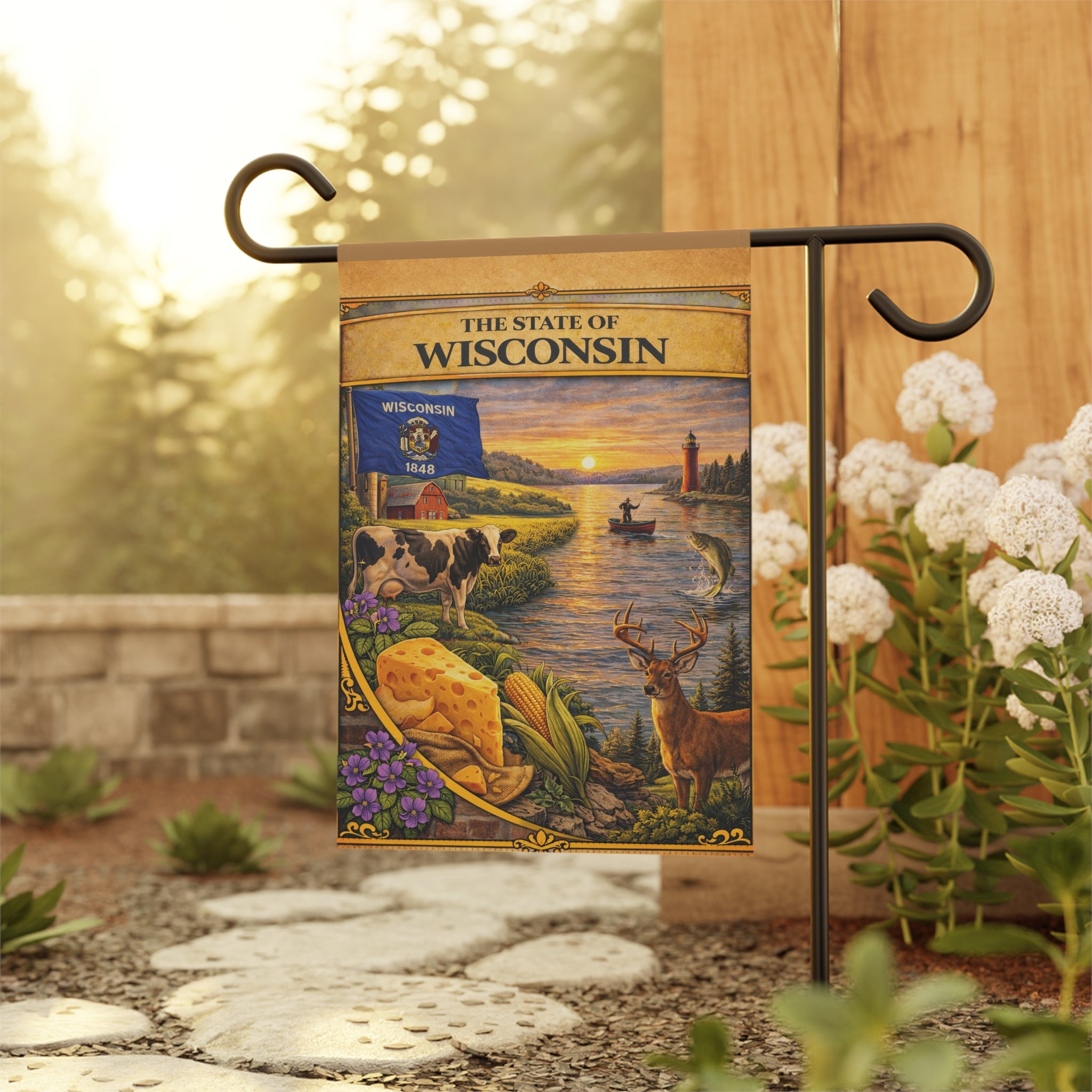 The State of Wisconsin Garden Banner | Flag, Lake Scene, Cow & Deer