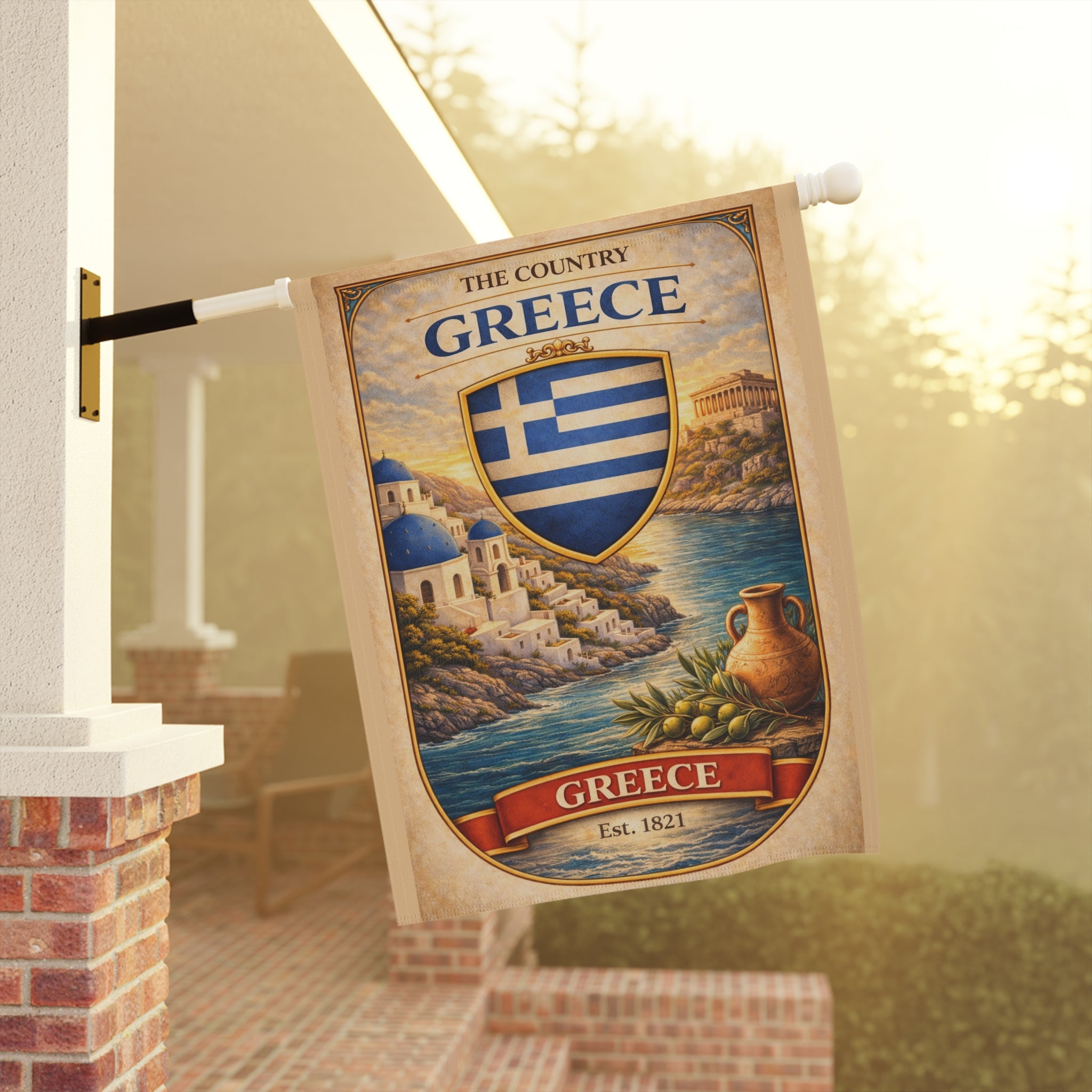 Greece Coastal Crest garden flag | Greece house banner, Mediterranean village design