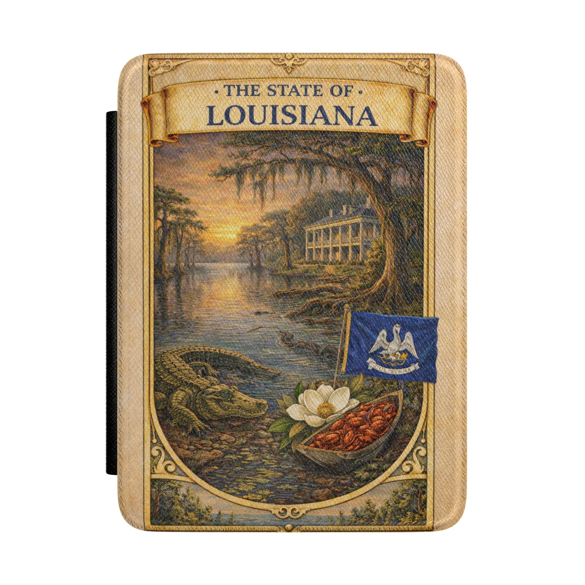 Louisiana State Vintage Scene Kindle Case | Bayou, Magnolia, Riverboat