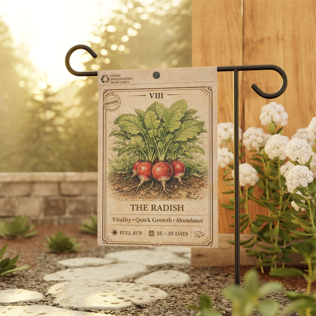 Vintage Radish Illustration Garden Flag | House Banner, Seed Packet Style