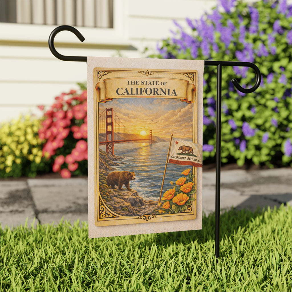 California State Scenic Poster Garden Flag | House Banner, Golden Gate, Bear & Poppies