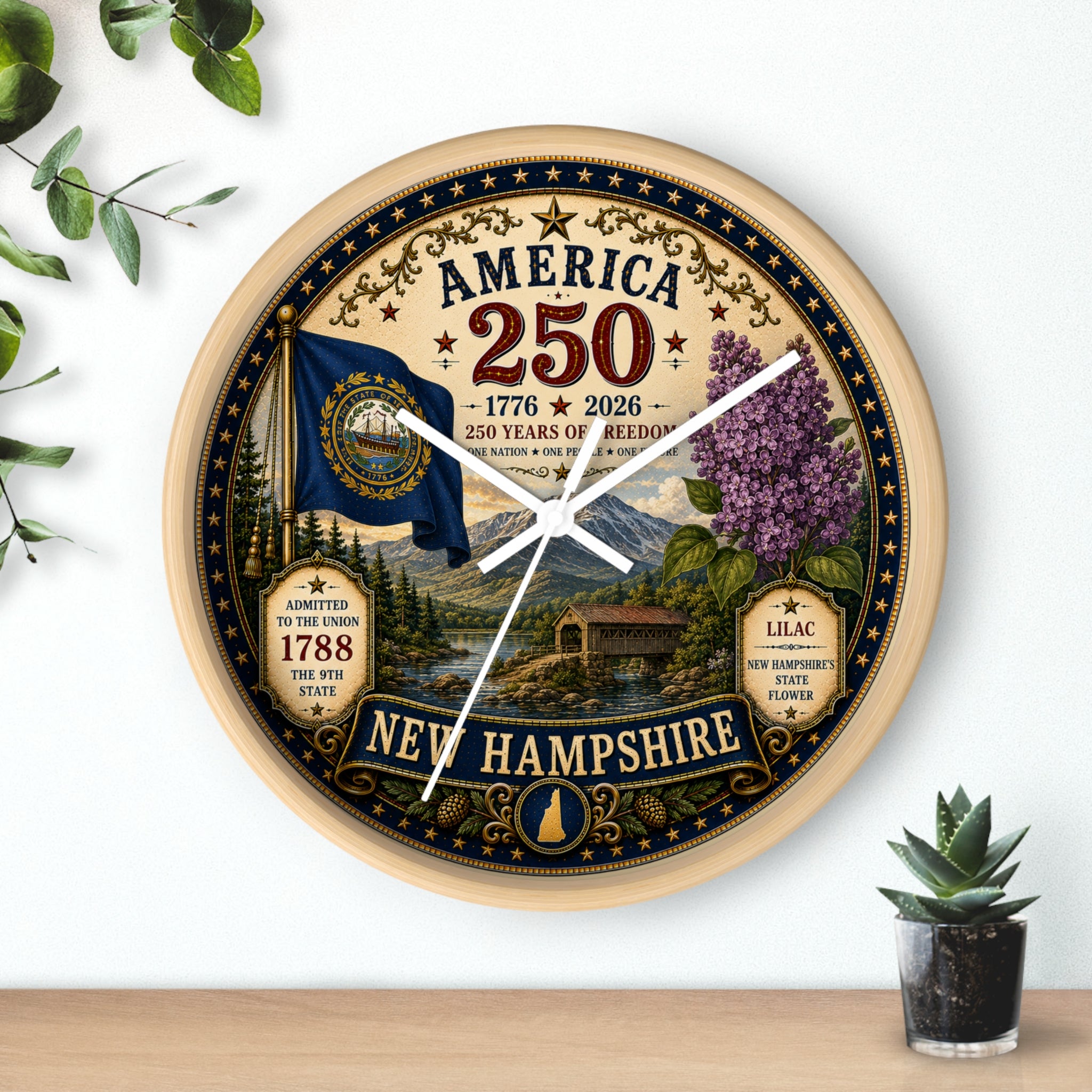 New Hampshire State Seal 250th Anniversary Wall Clock | America 1776-2026, Lilac, Rustic