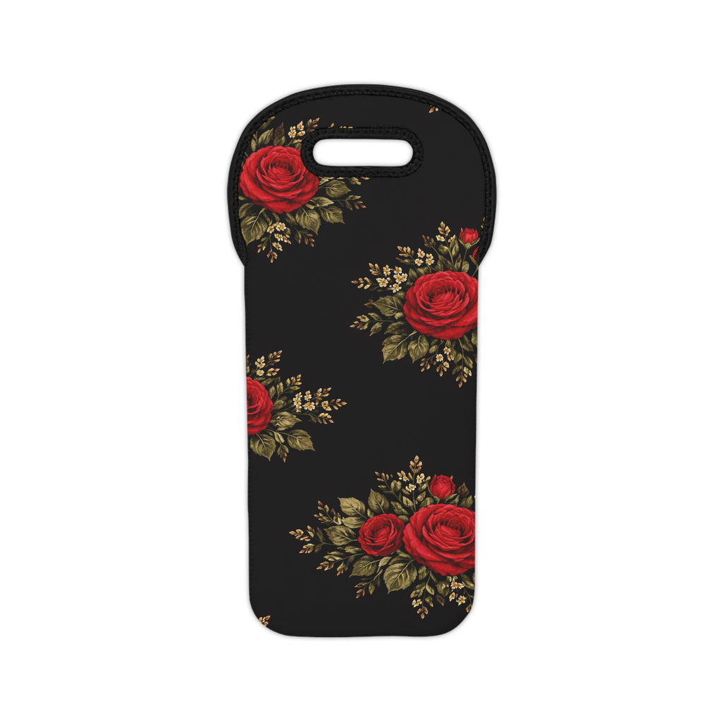 Red Rose Floral Wine Tote | Black Background, Vintage Bouquet Pattern