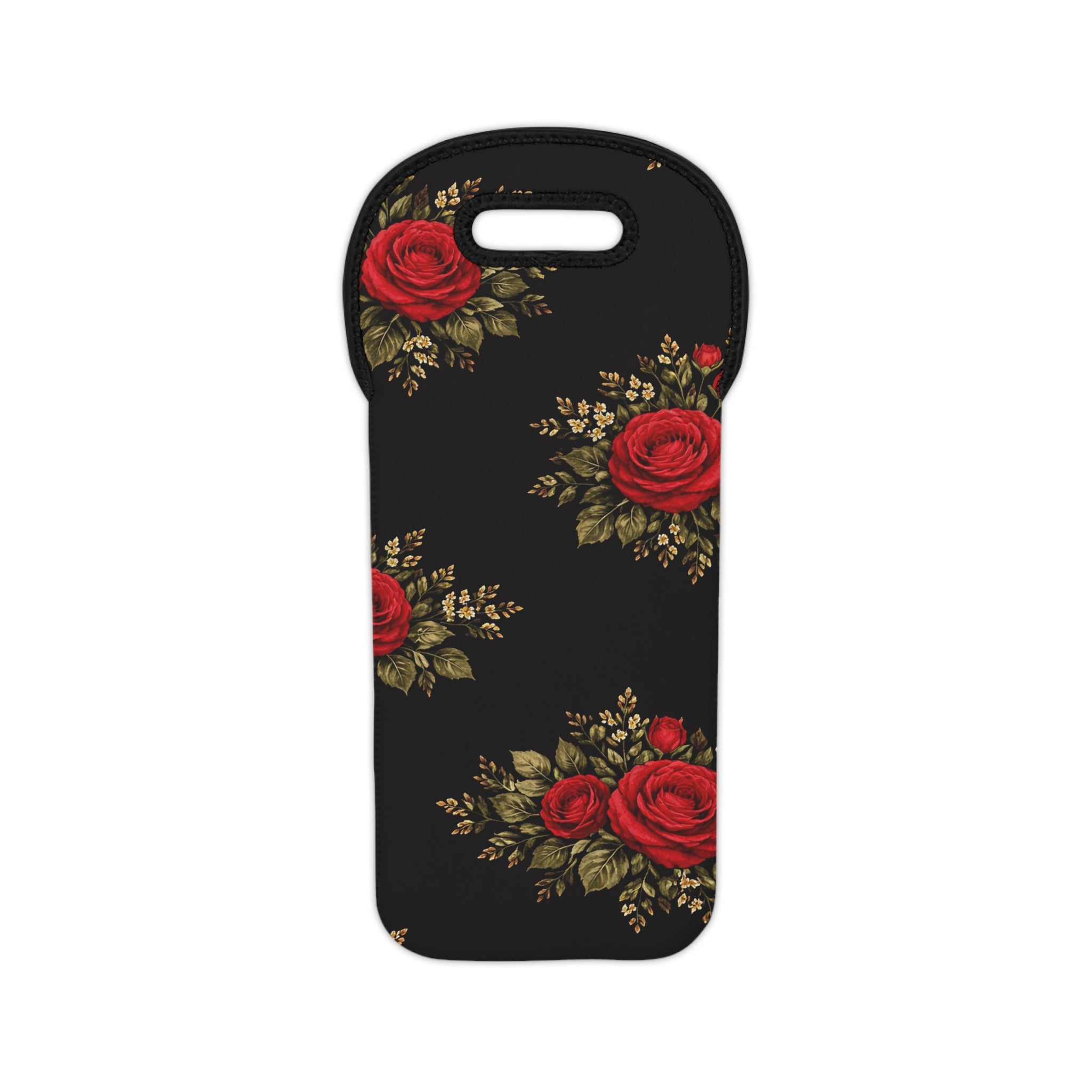 Red Rose Floral Wine Tote | Black Background, Vintage Bouquet Pattern