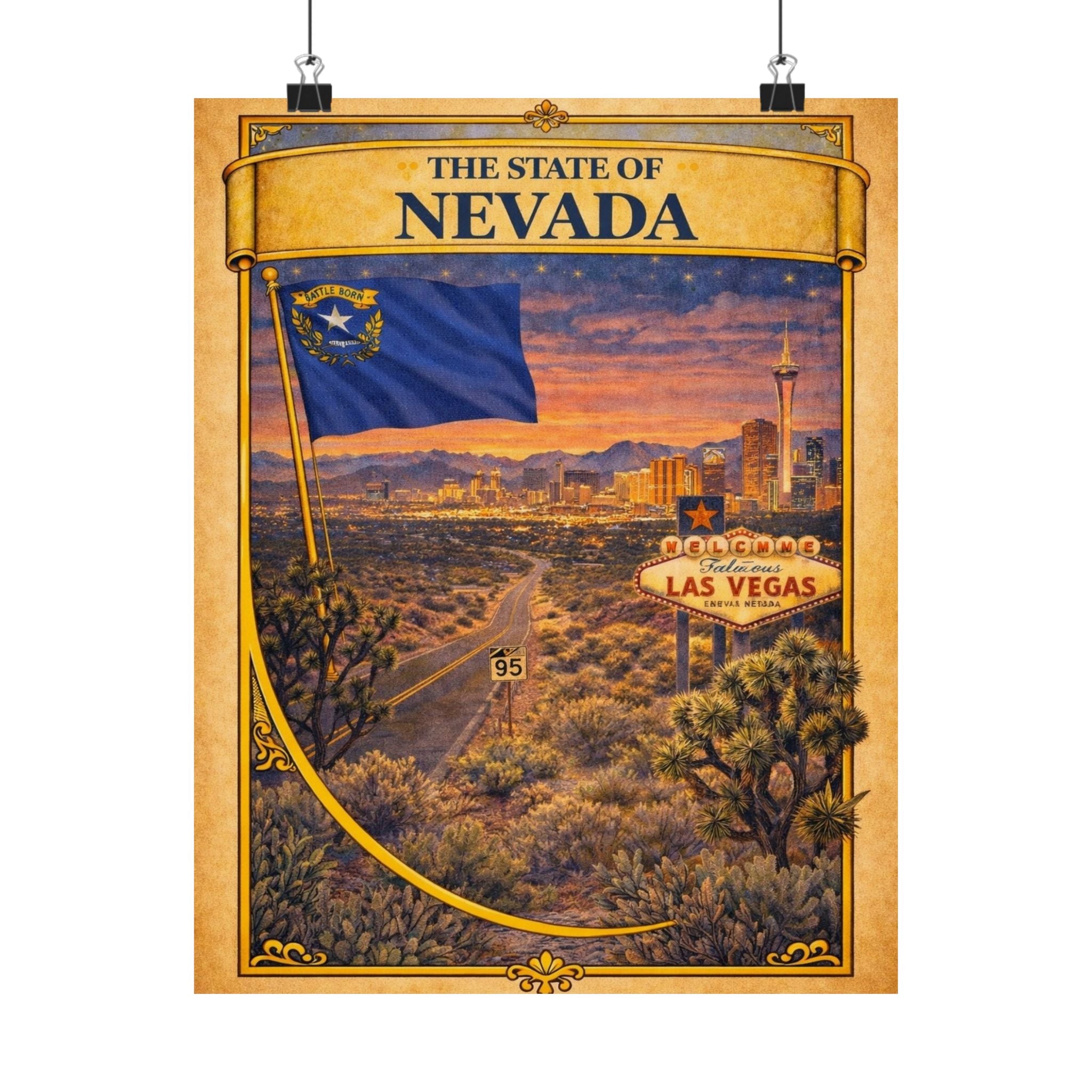 Nevada Vintage Travel Poster Matte Vertical Poster | Las Vegas State Flag