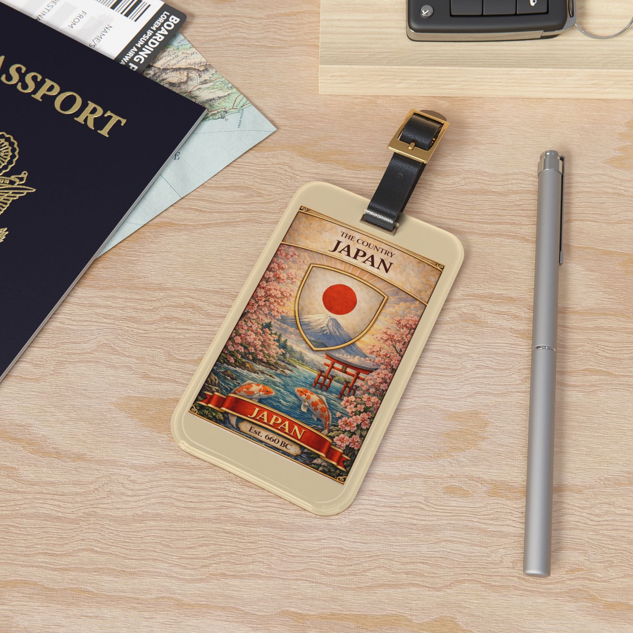 Japan travel poster Luggage Tag | Cherry Blossoms, Mount Fuji, Rising Sun