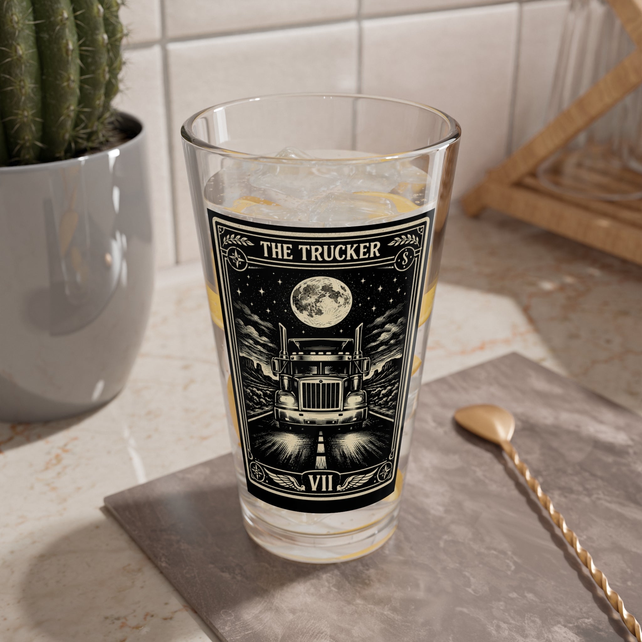 The Trucker tarot card design Mixing Glass | 16oz