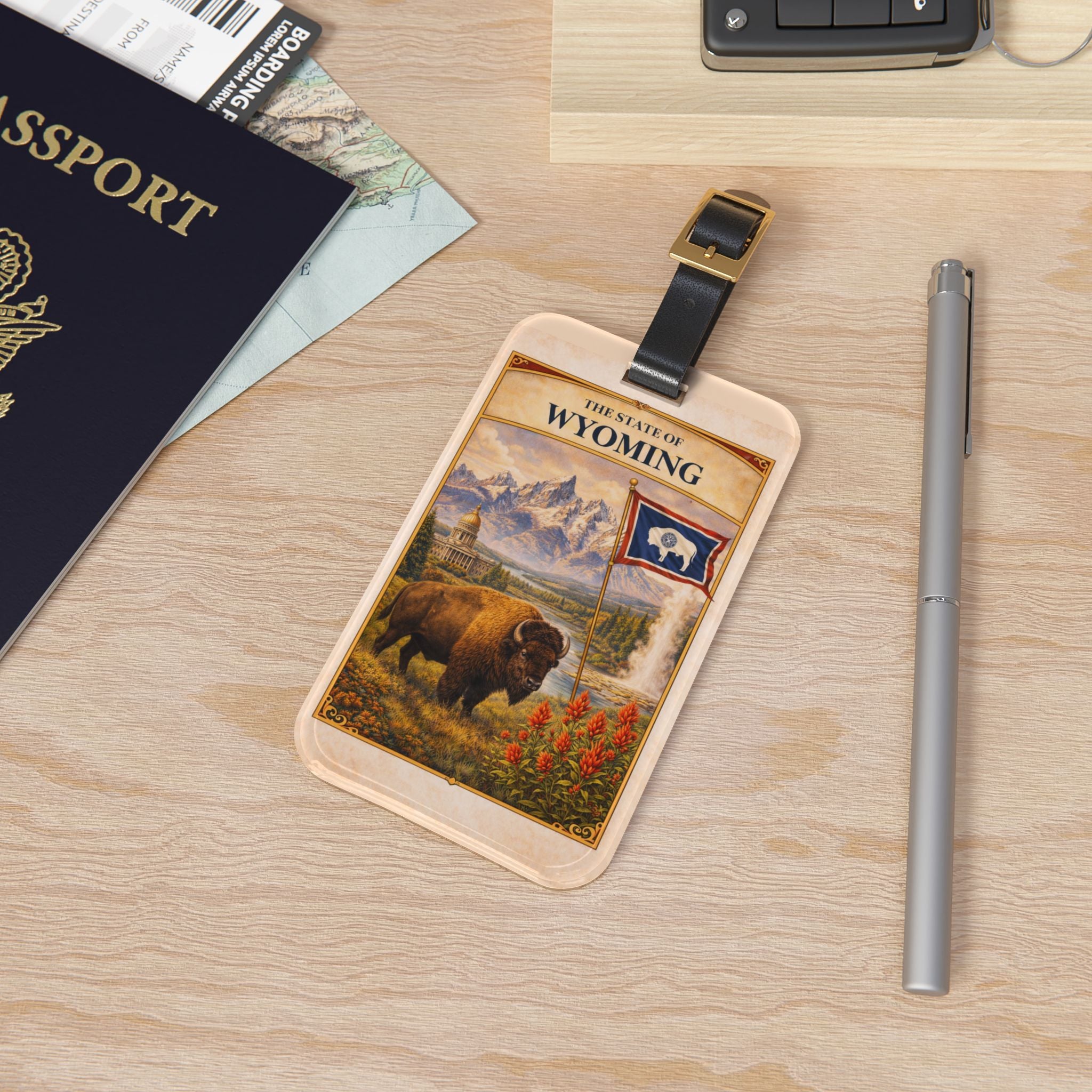 Wyoming State Buffalo Scenic Luggage Tag | Vintage Travel Badge