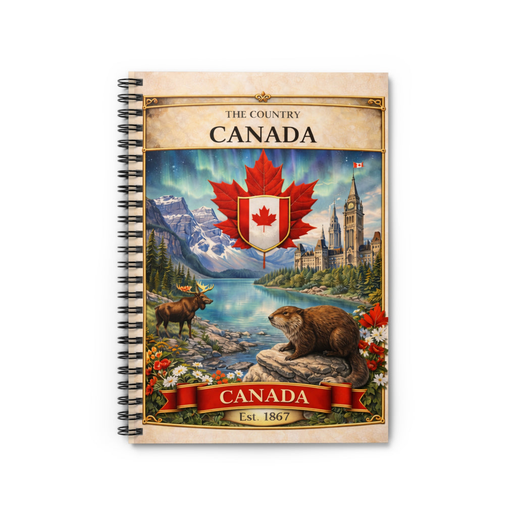 Canada Vintage Coat of Arms Notebook, Spiral Ruled Journal | Maple Leaf, Beaver, Moose