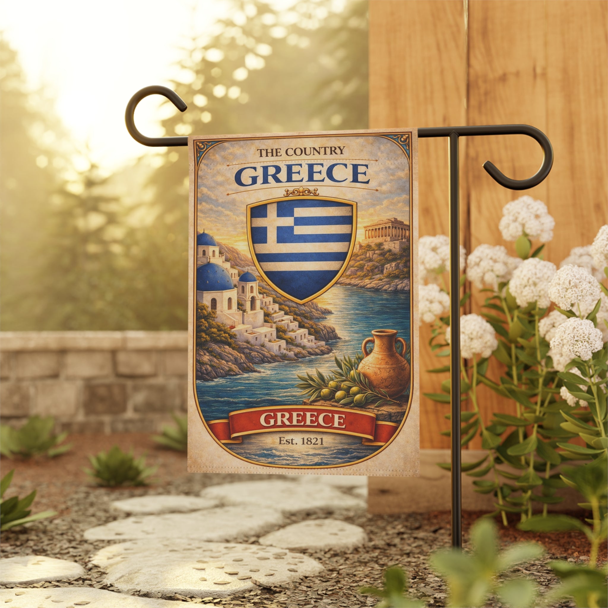 Greece Coastal Crest garden flag | Greece house banner, Mediterranean village design