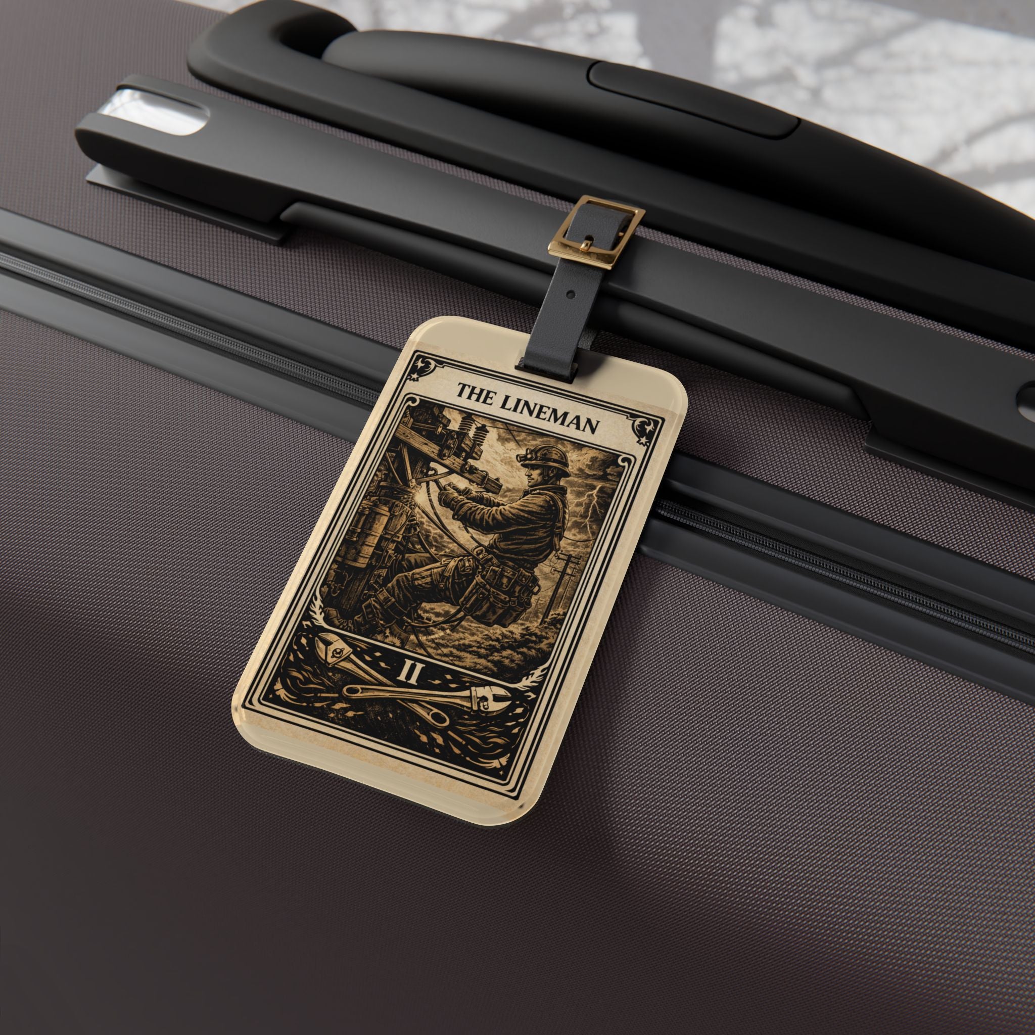 The Lineman tarot card Luggage Tag | Vintage electrician illustration