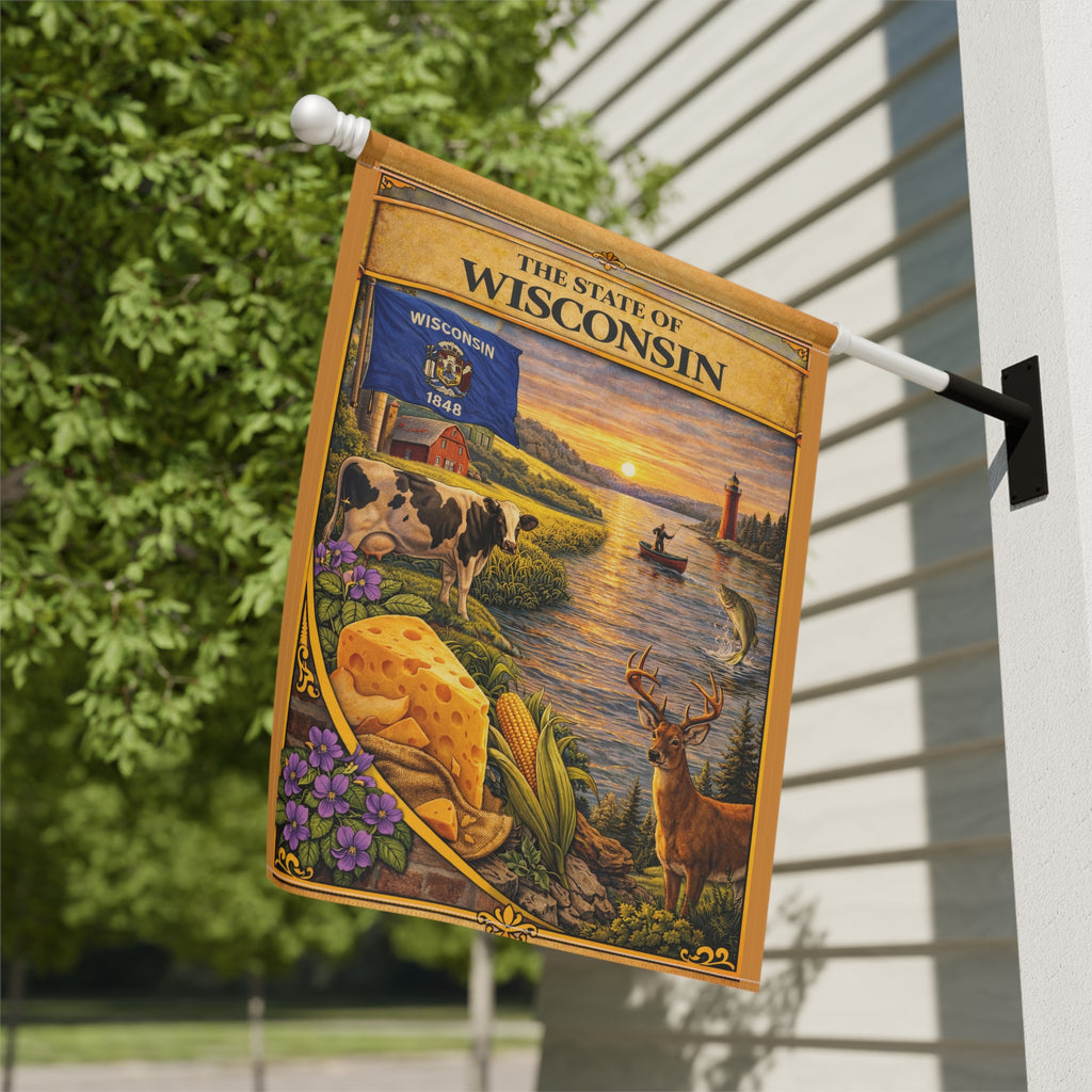 The State of Wisconsin Garden Banner | Flag, Lake Scene, Cow & Deer