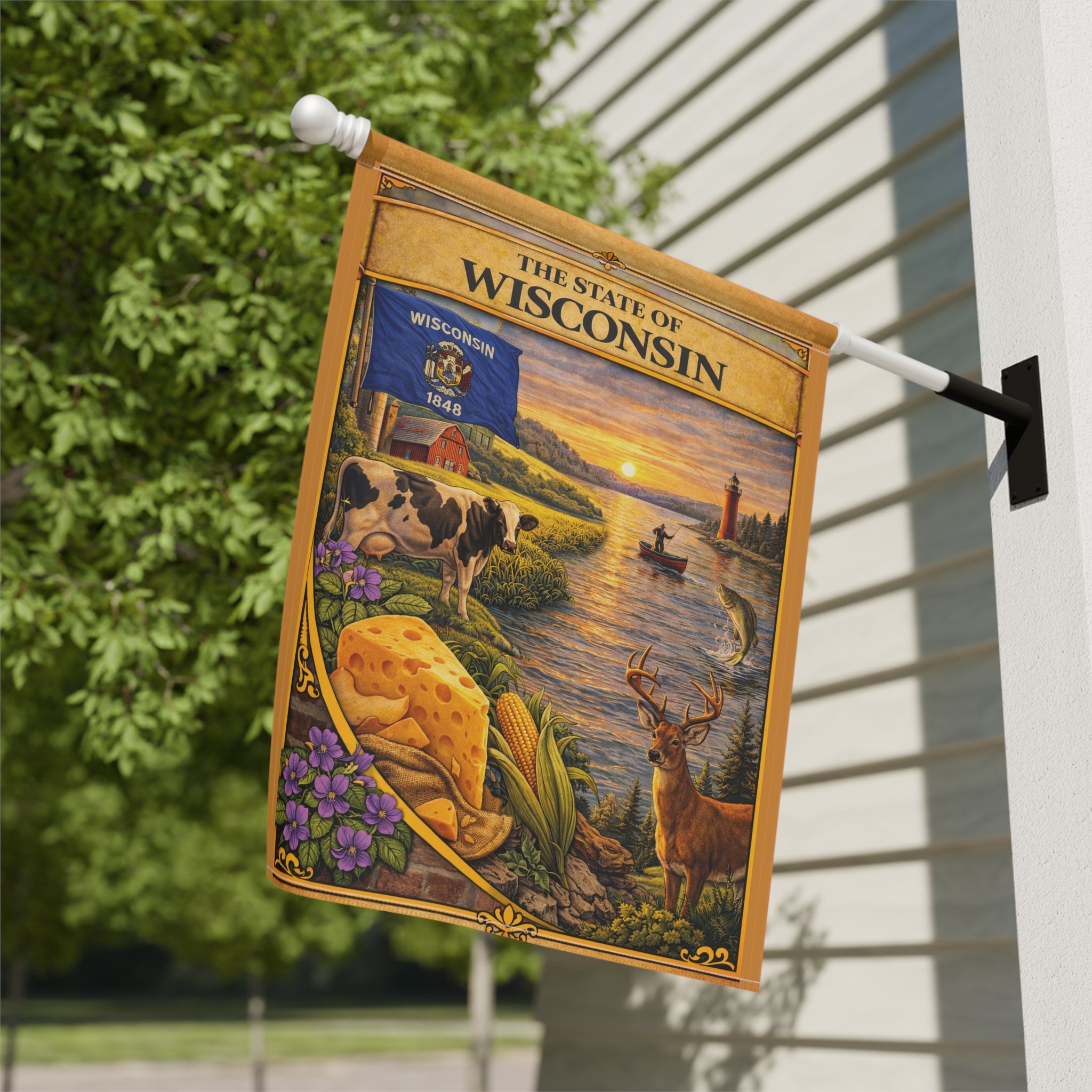 The State of Wisconsin Garden Banner | Flag, Lake Scene, Cow & Deer