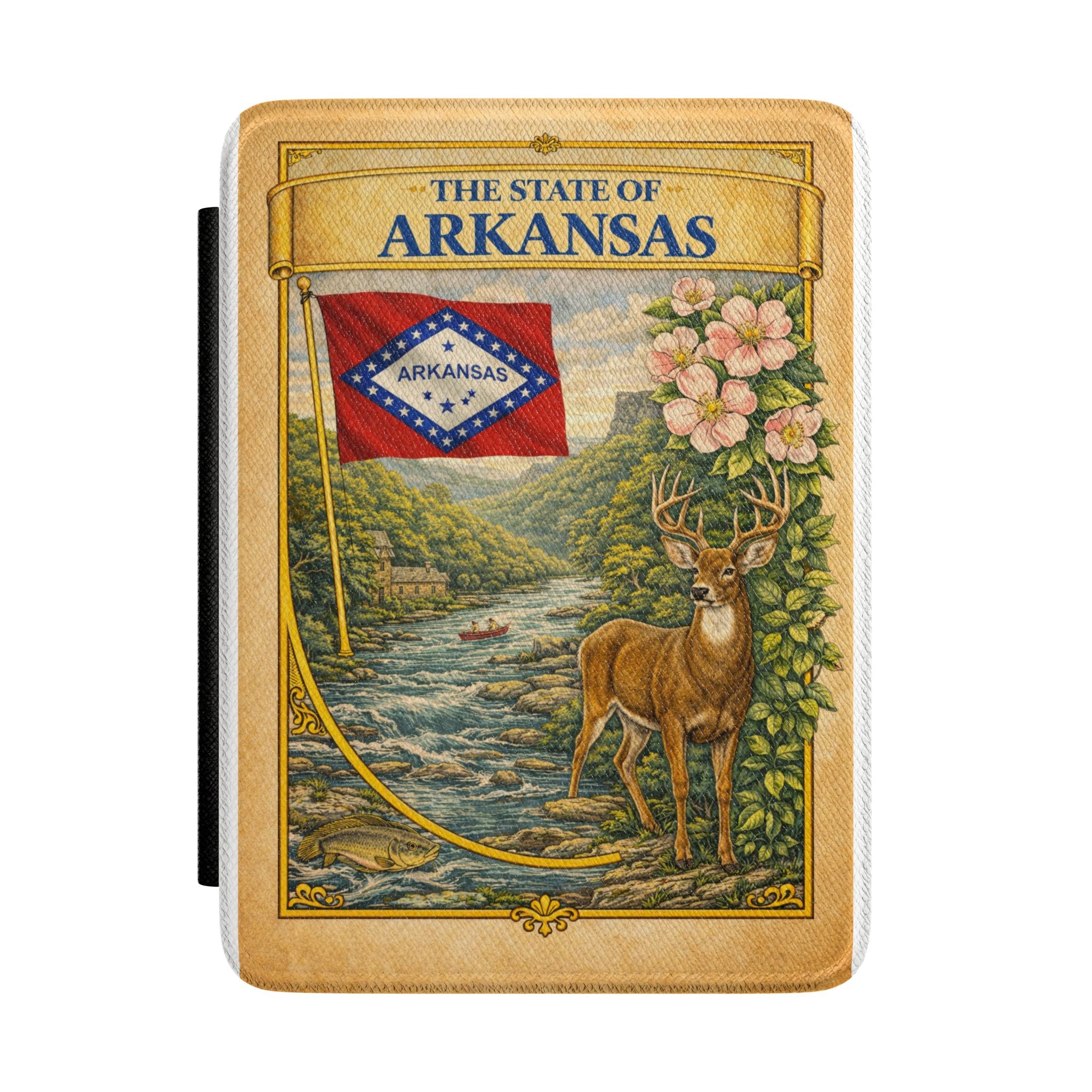 Arkansas State Vintage Scenic Deer Kindle Case | State Flag, River, Dogwood