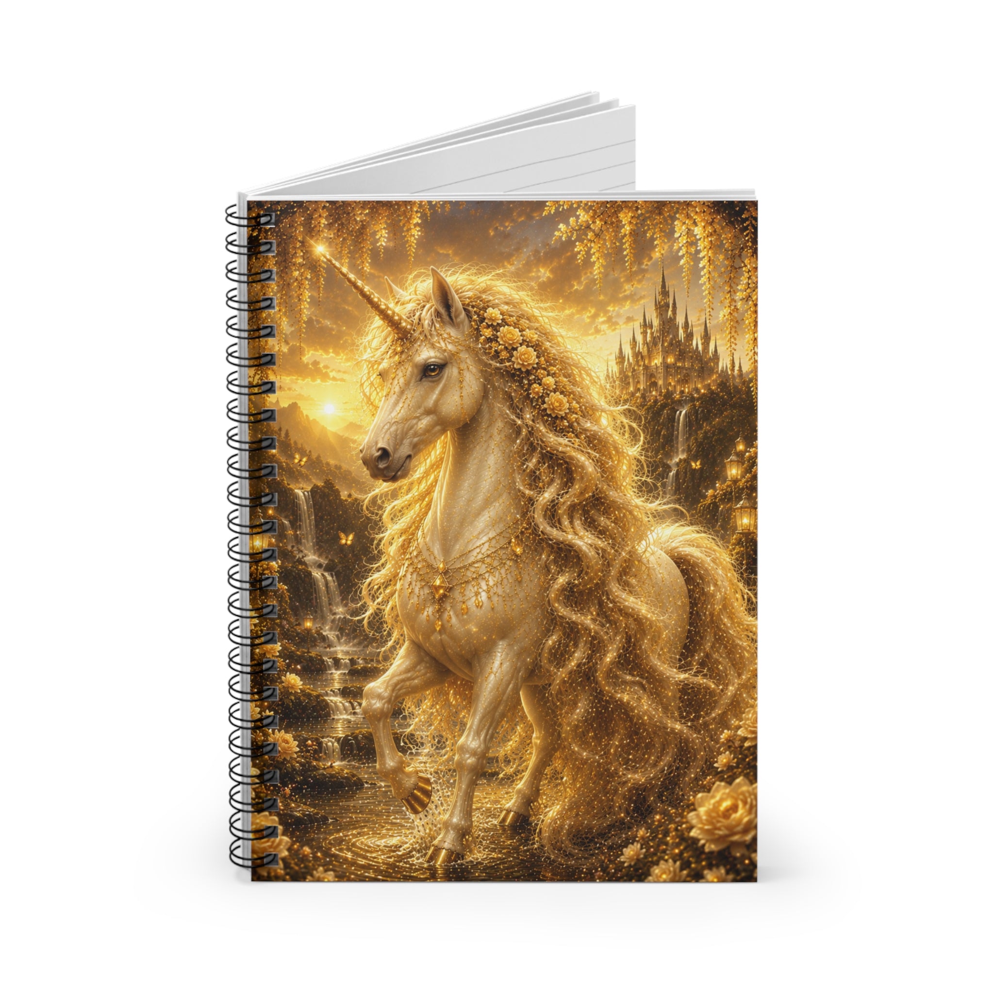 Golden Unicorn Notebook | Spiral Ruled Journal, Fantasy Horse Art