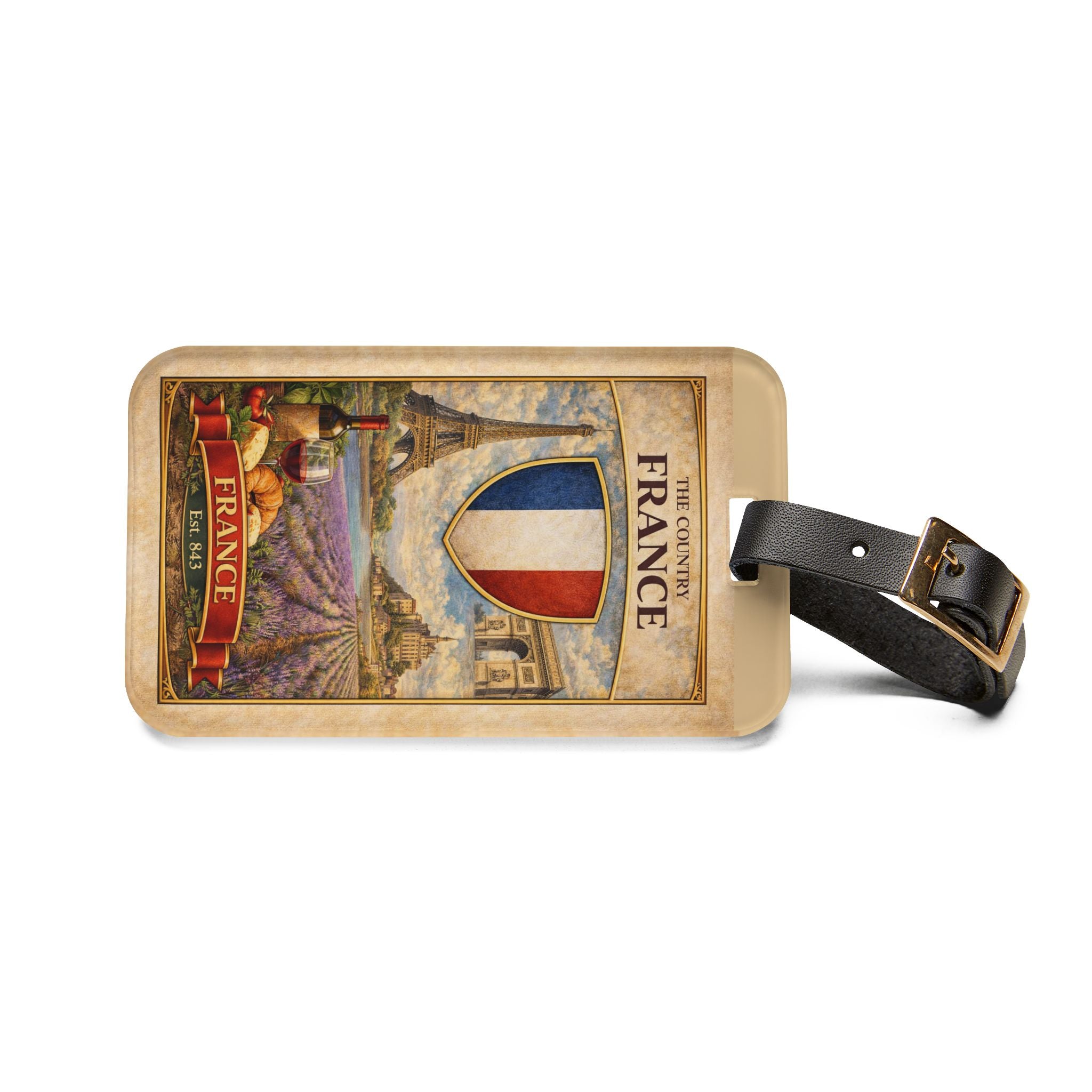 France Vintage Crest Luggage Tag | Eiffel Tower Lavender Fields
