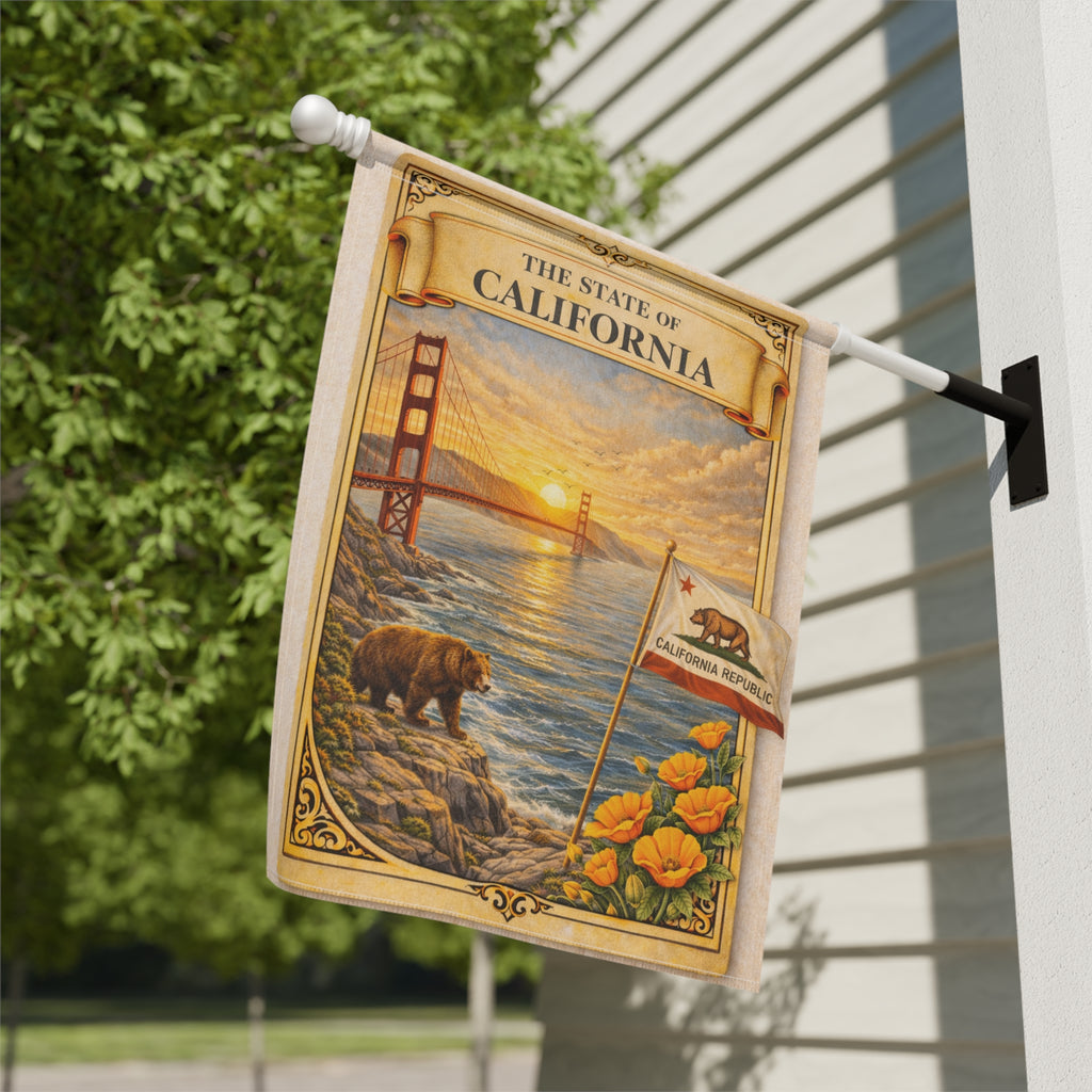 California State Scenic Poster Garden Flag | House Banner, Golden Gate, Bear & Poppies