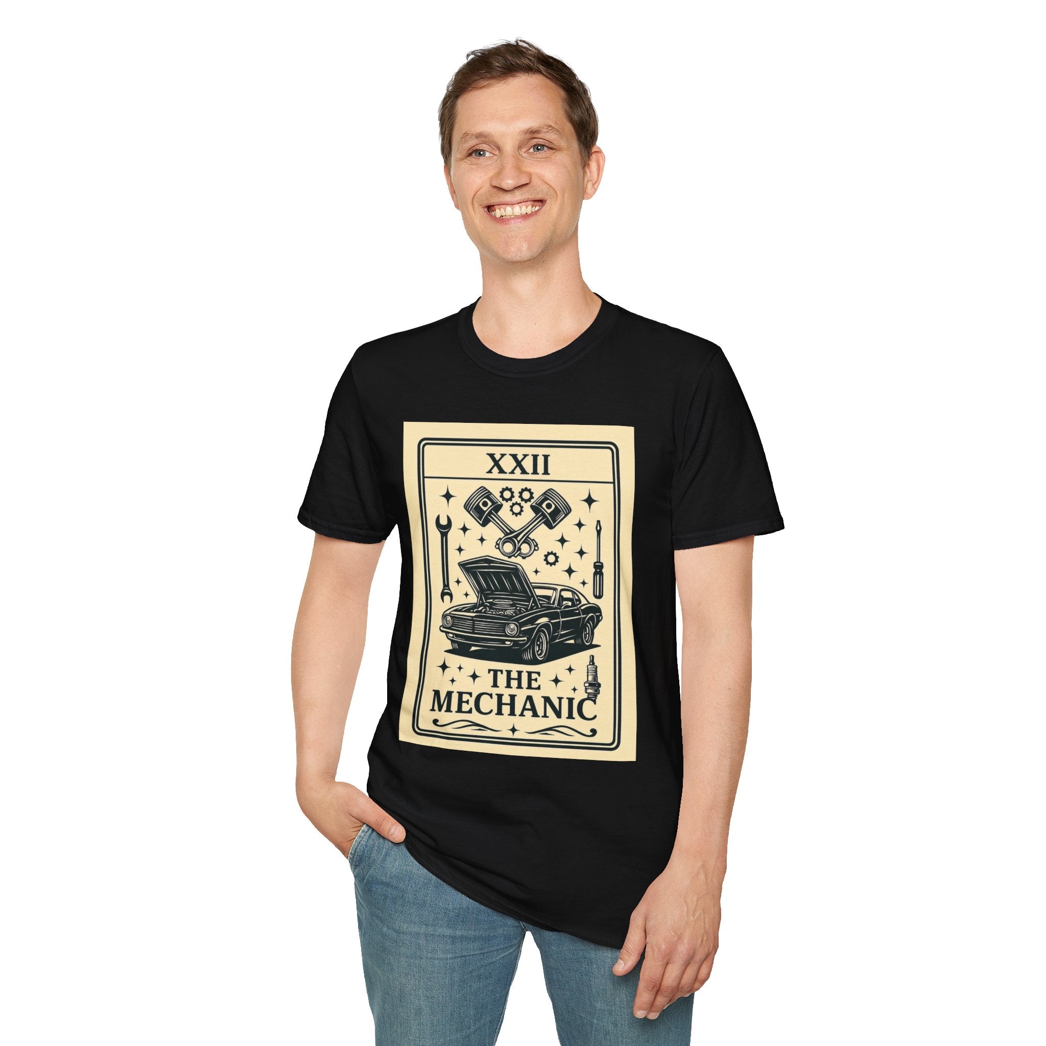 Tarot Mechanic Illustration T-Shirt | The Mechanic card, car engine tools